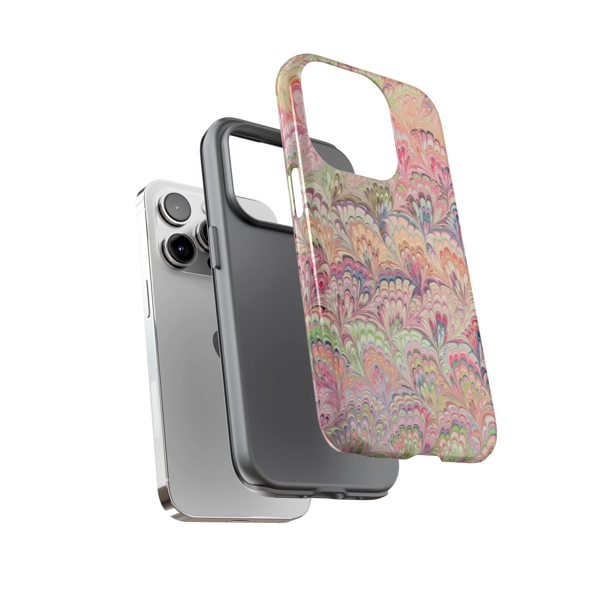 Pastel Pink + Green Feather Marbled Phone Case - Dual Layer Phone Cover
