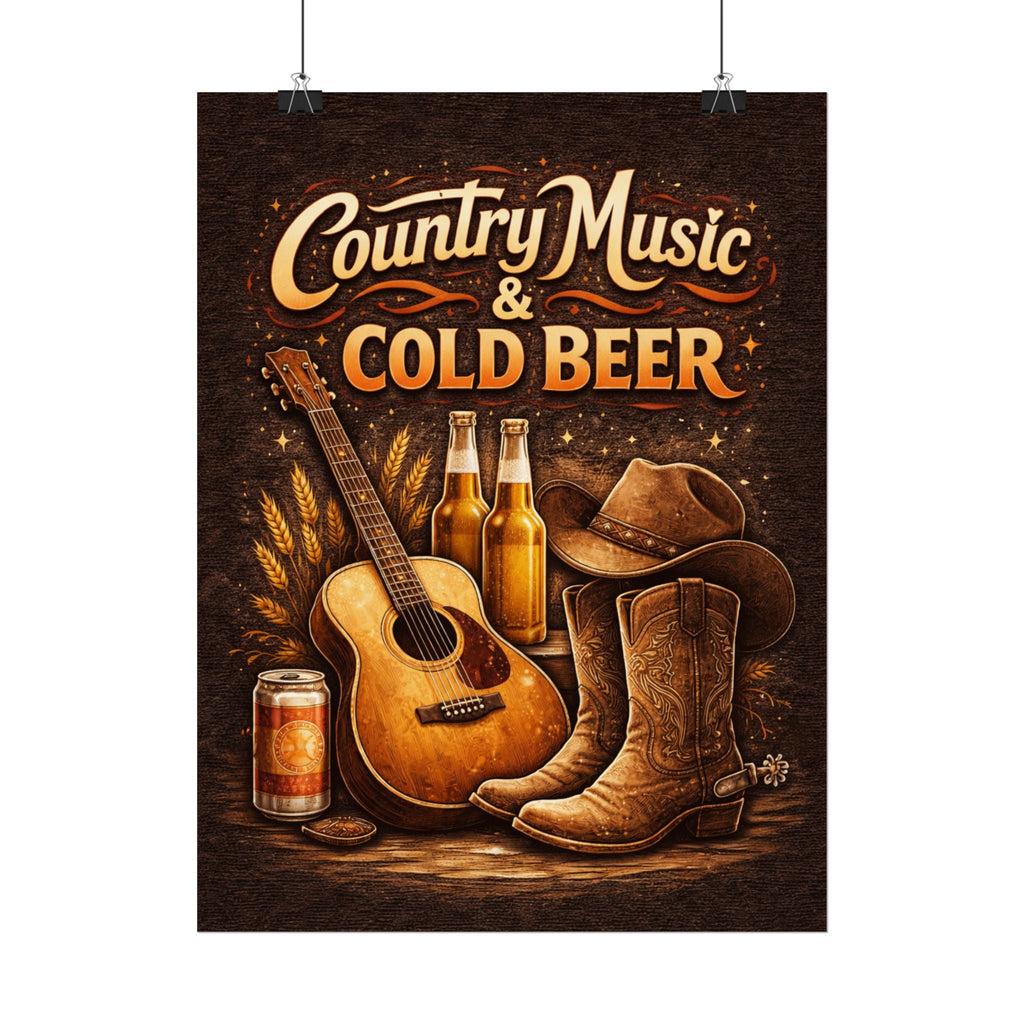 Country Music & Beer Rolled Poster - Rustic Barroom Wall Art