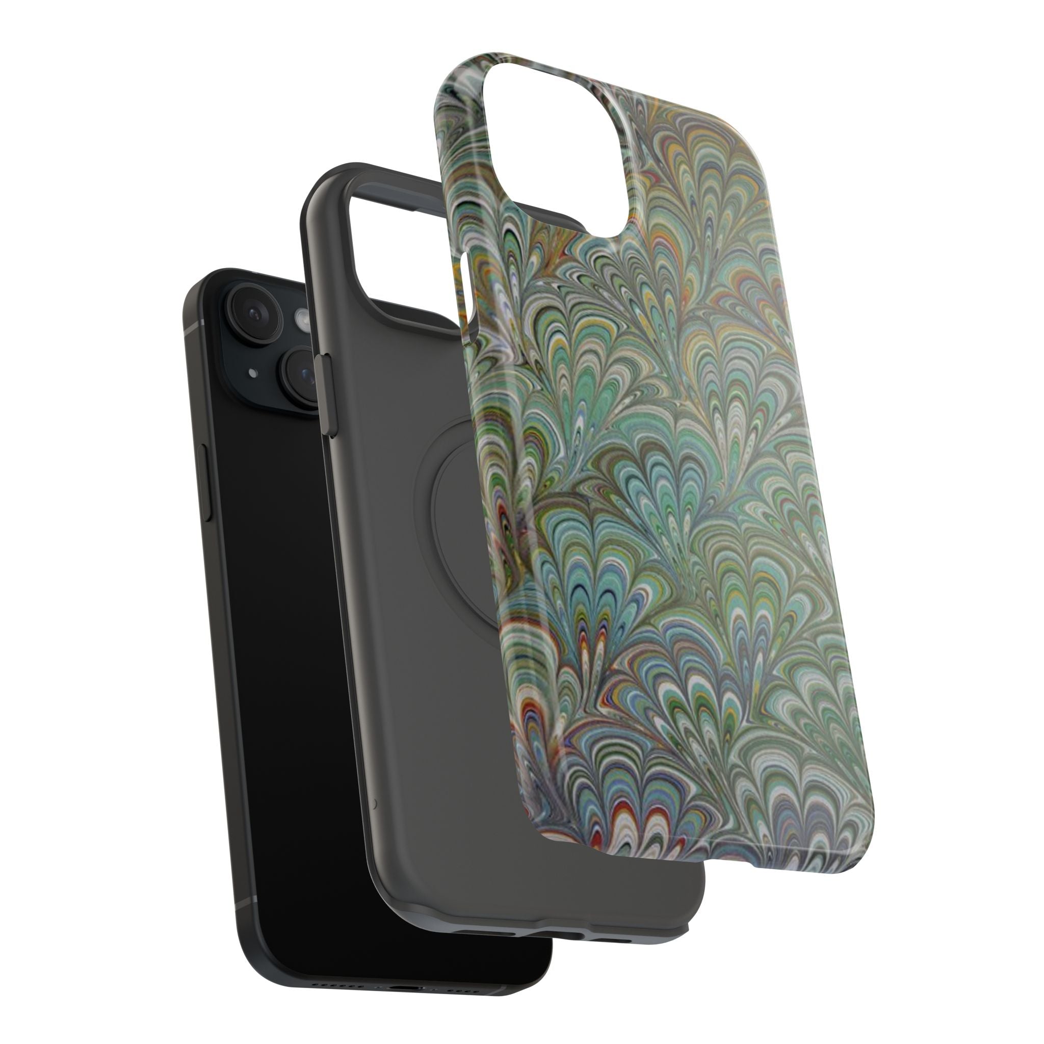 iPhone17 + All Models Phone Cases, Italian Peacock Feather Design, Stylish Impact-Resistant Shell, Protective Cover, Green Peacock Print