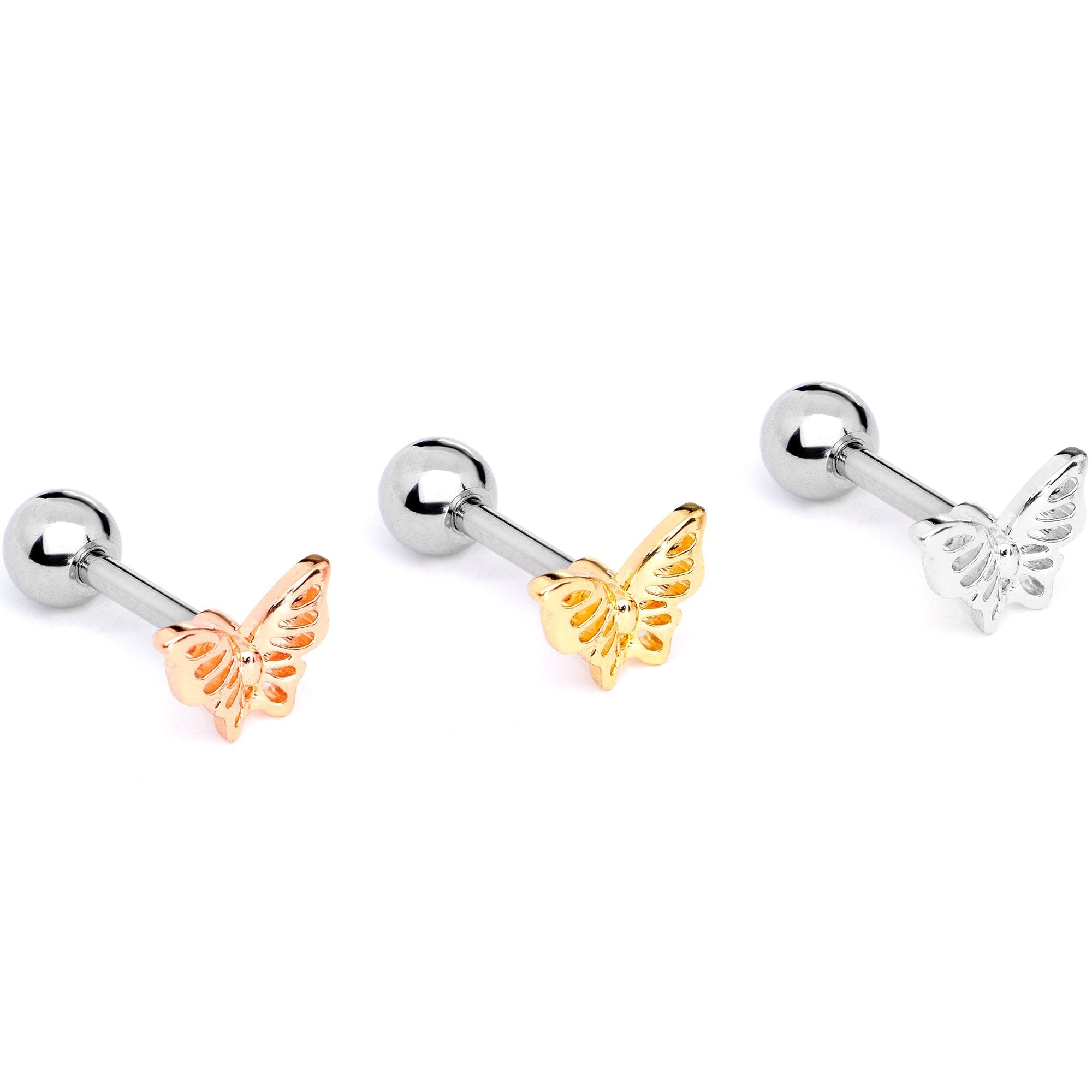 16G 1/4 Blush Butterfly Cartilage Tragus Earring Set of 3