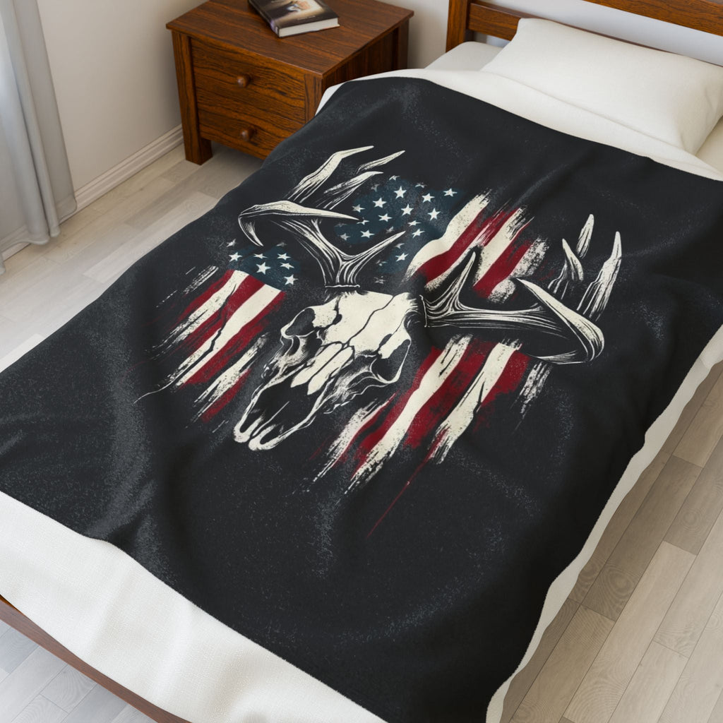 American Flag Deer Skull Velveteen Plush Blanket