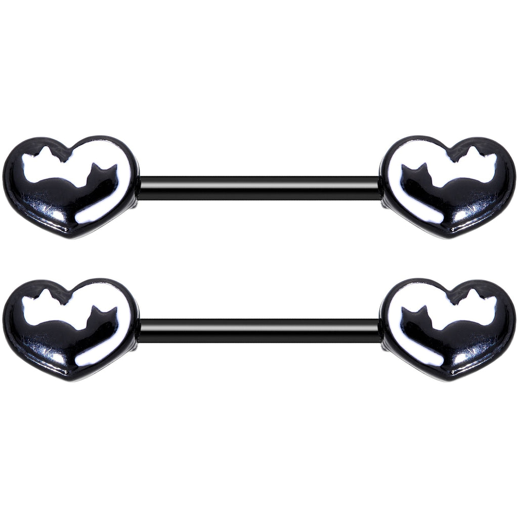 14G 9/16 Black White Silhouette Cat Lover Barbell Nipple Ring Set
