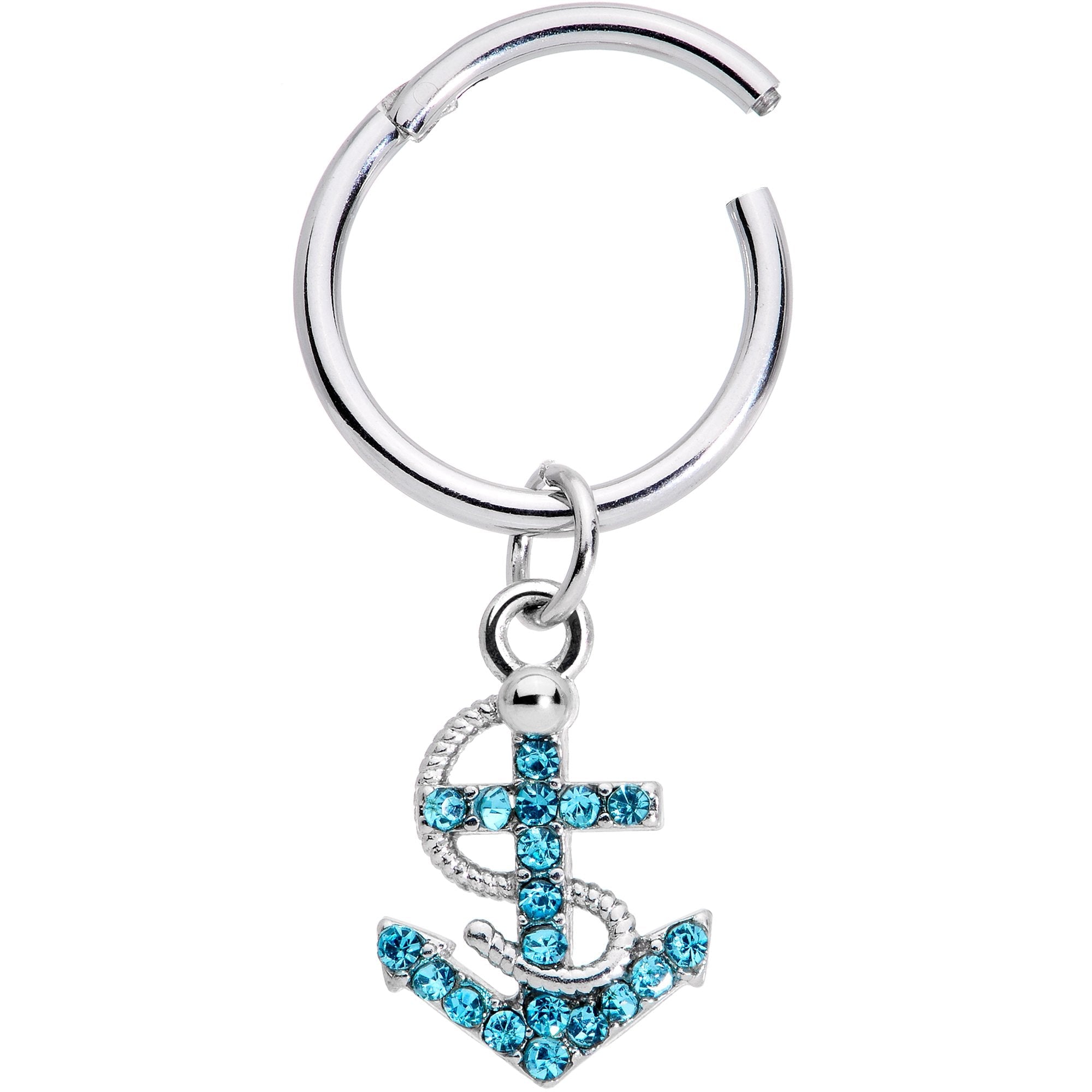 16G 3/8 Aqua CZ Gem Nautical Anchor Hinged Dangle Segment Ring