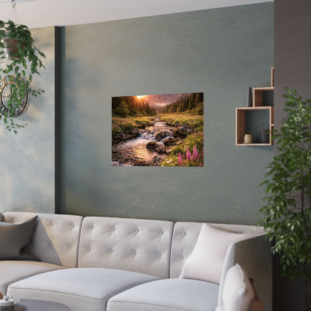 Satin Poster – Golden Mountain Stream Landscape Sunset Print