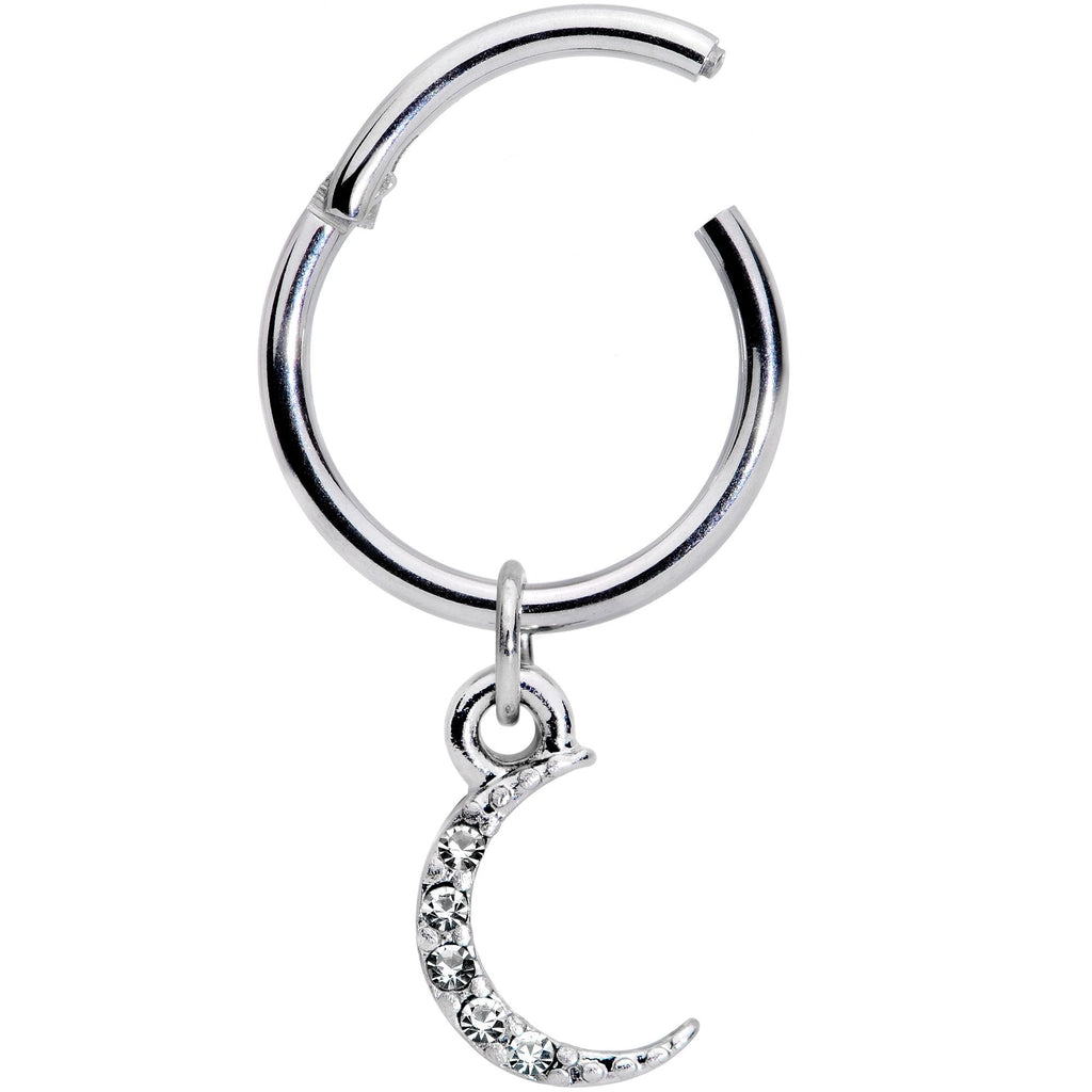 16G 3/8 Clear Gem Sliver of Moon Dangle Hinged Segment Ring