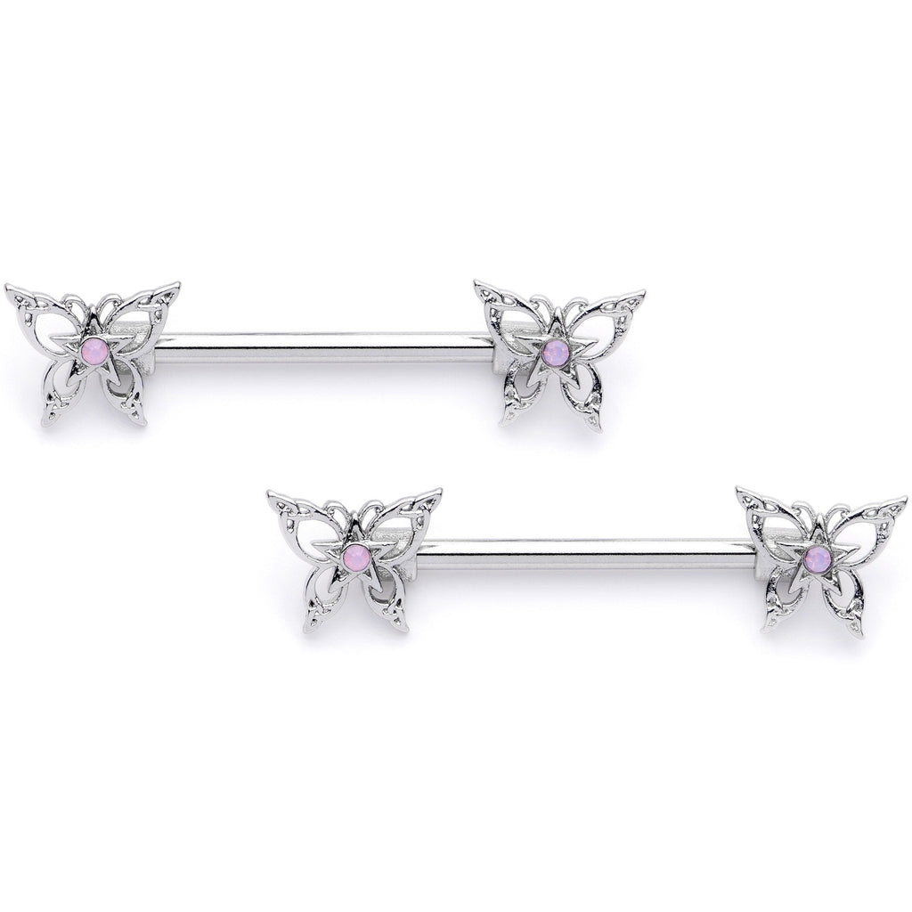 14G 9/16 Pink Faux Opal Lacy Butterfly Barbell Nipple Ring Set