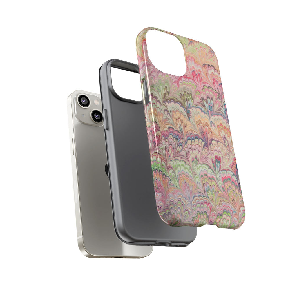 Pastel Pink + Green Feather Marbled Phone Case - Dual Layer Phone Cover