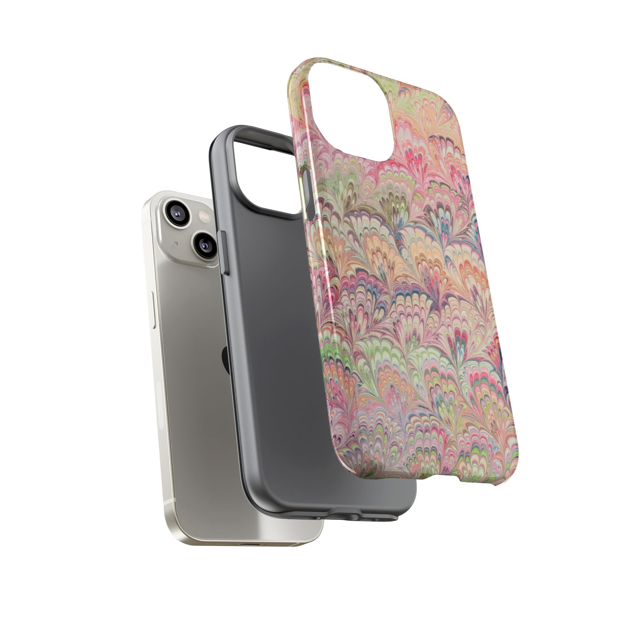 Pastel Pink + Green Feather Marbled Phone Case - Dual Layer Phone Cover
