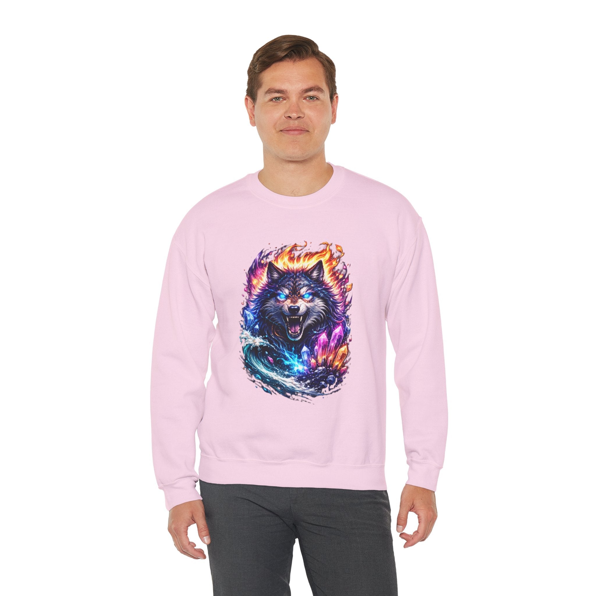 Cosmic Wolf Crewneck Sweatshirt — Neon Fire & Ice Wolf Graphic