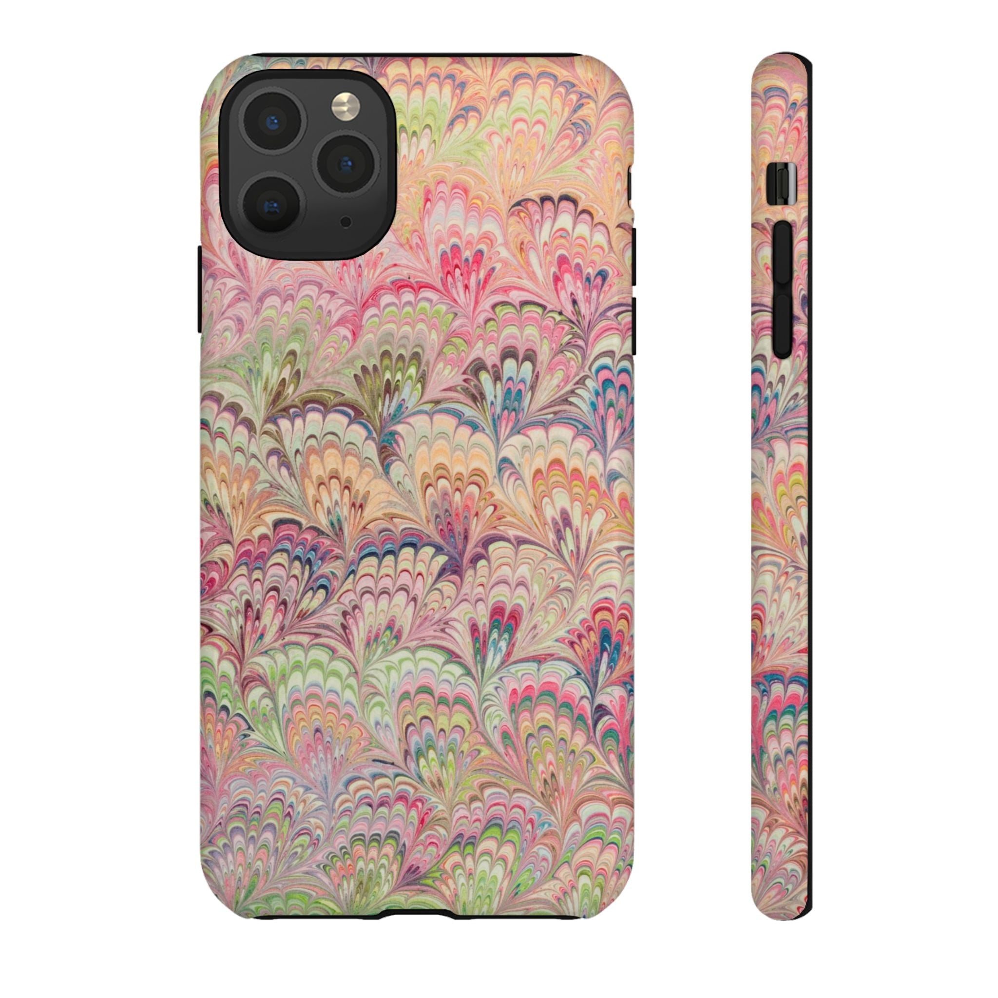 Pastel Pink + Green Feather Marbled Phone Case - Dual Layer Phone Cover