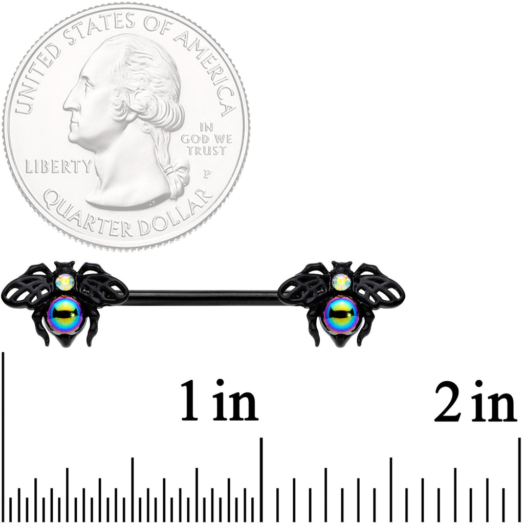 14G 9/16 Aurora Gem Black Bumblebee Barbell Nipple Ring Set