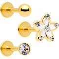 16G 5/16 Clear Gem Gold Tone White Flower Labret Set of 3
