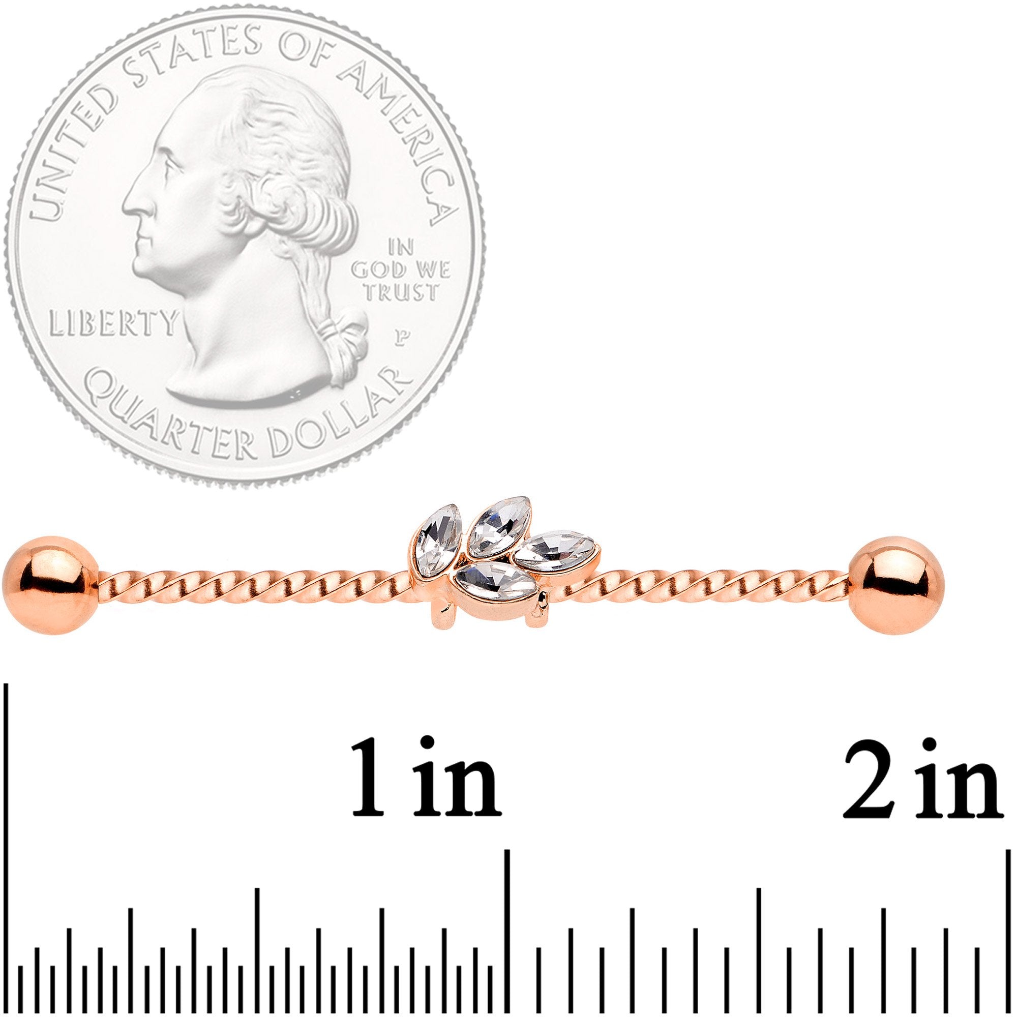 14G Clear Gem Rose Gold Tone Leaf Industrial Barbell 38mm