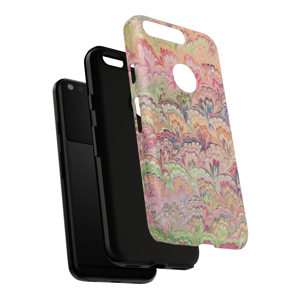 Pastel Pink + Green Feather Marbled Phone Case - Dual Layer Phone Cover