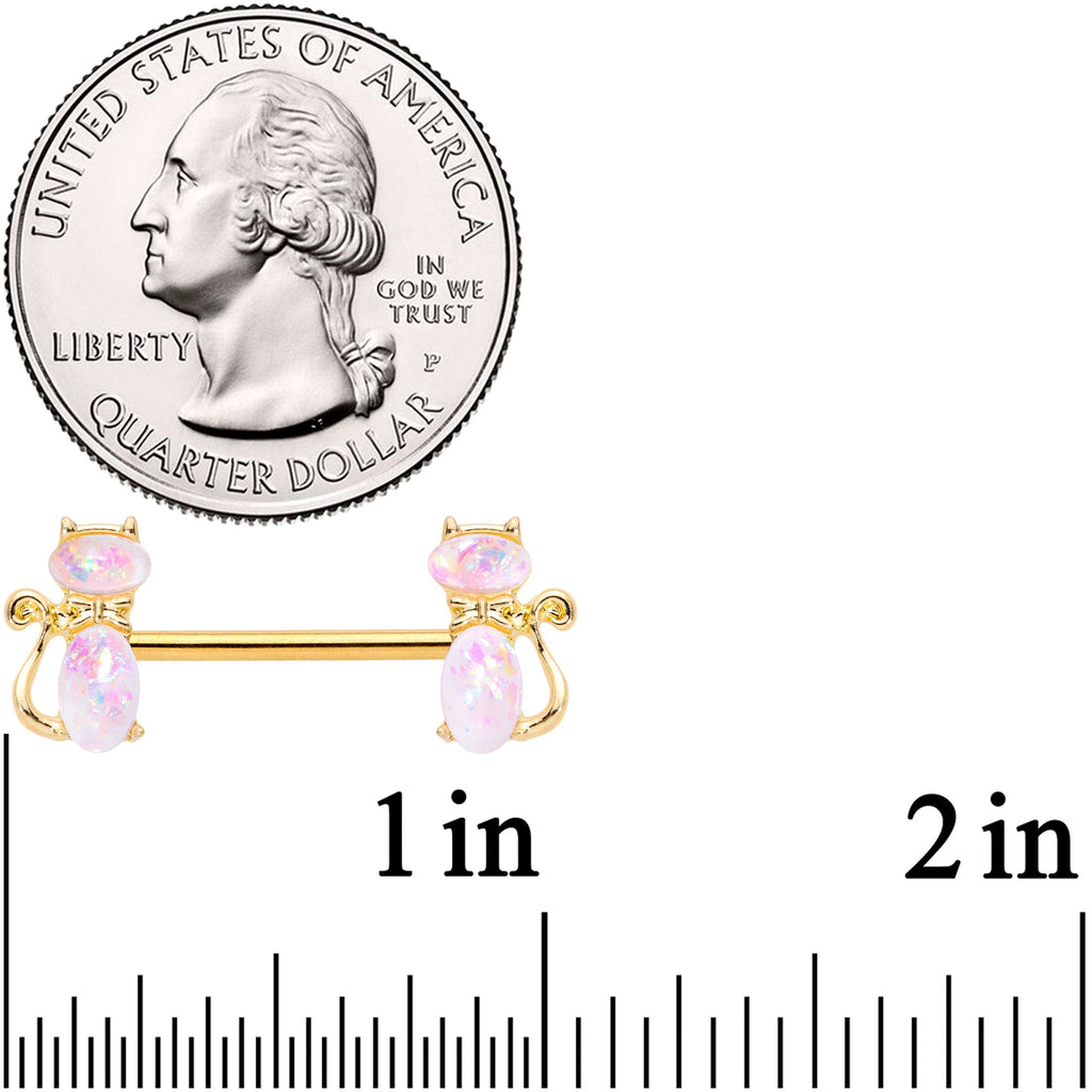 14G 9/16 White Faux Opal Gold Tone Cat Barbell Nipple Ring Set