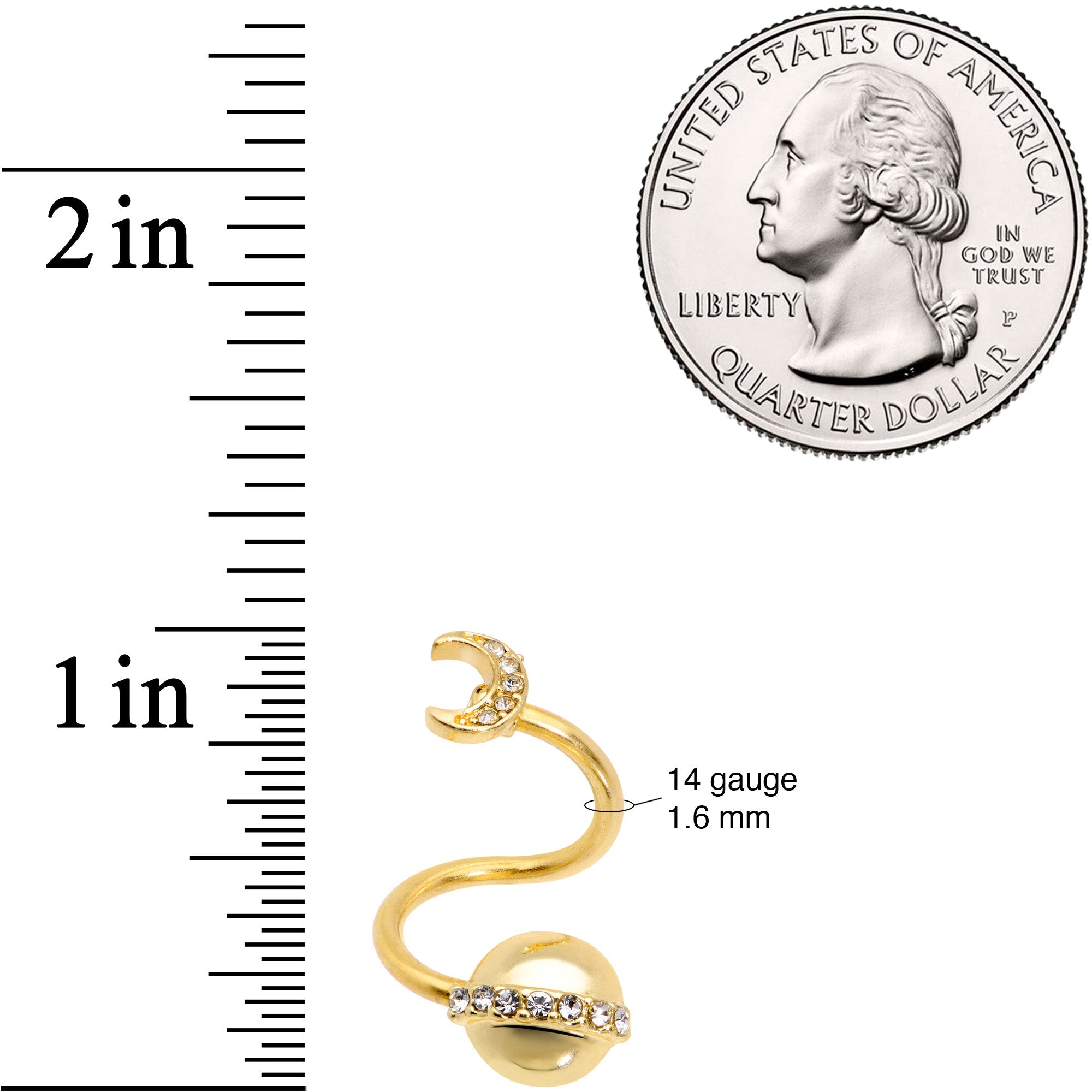 14G 1/2 Clear Gem Gold Tone Saturn Moon Spiral Twister Belly Ring