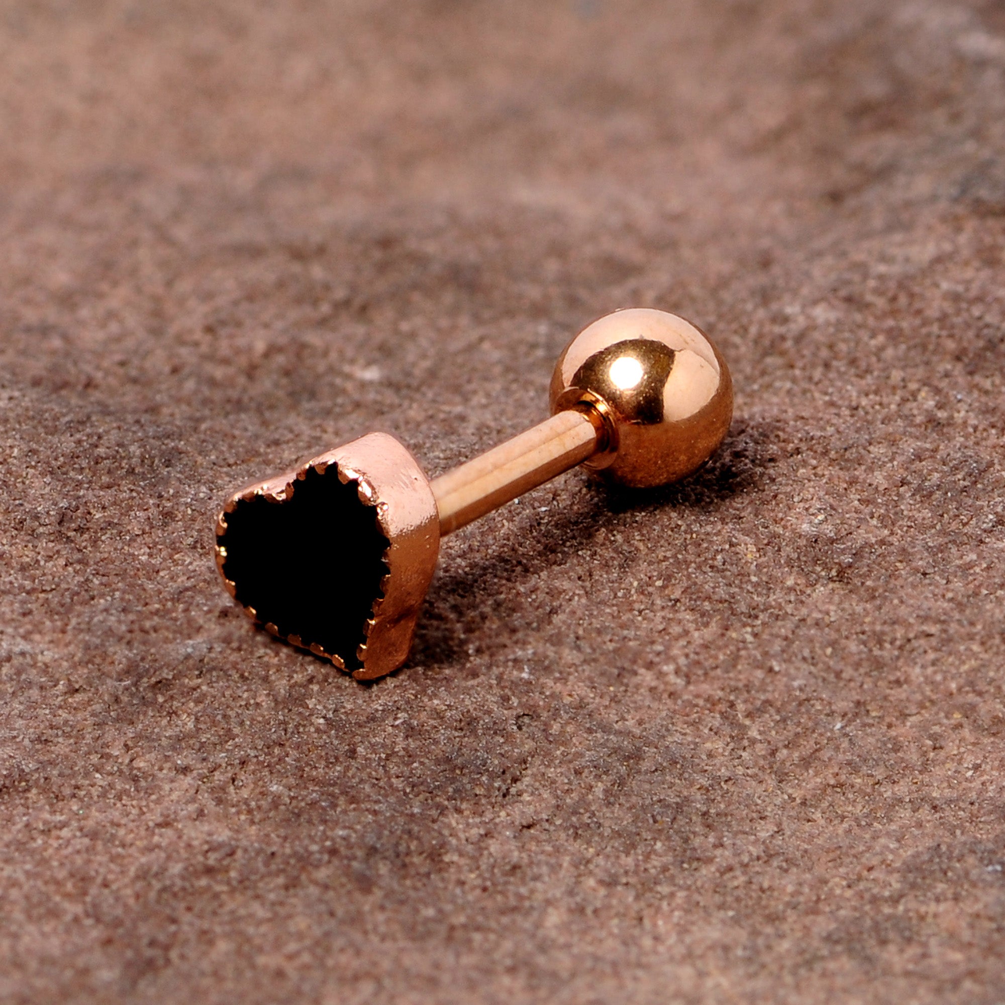 16G 1/4 Rose Gold Tone Black Heart Cartilage Tragus Earring