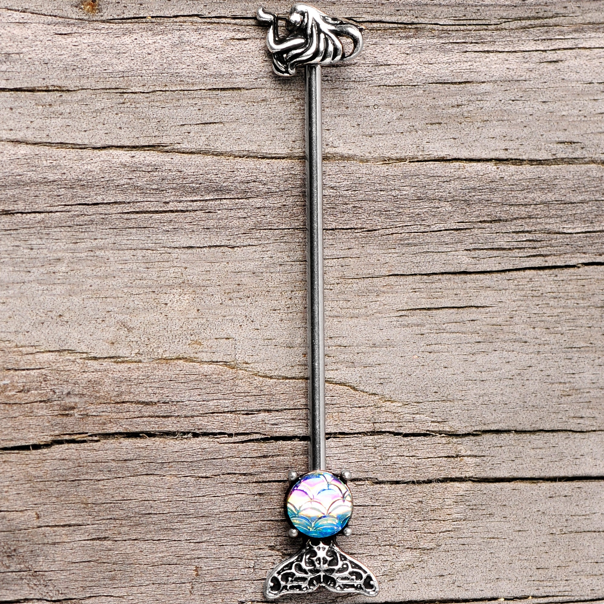 14G Blue Mermaid Scale Tail Industrial Barbell 38mm