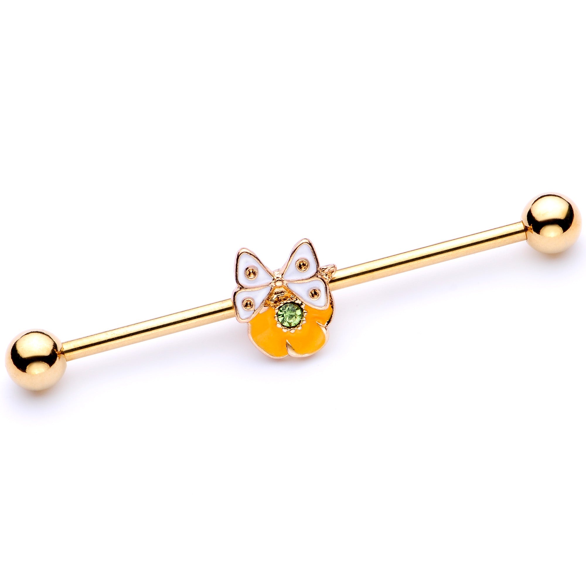 14G Green Gem Gold Tone Butterfly Flower Industrial Barbell 38mm