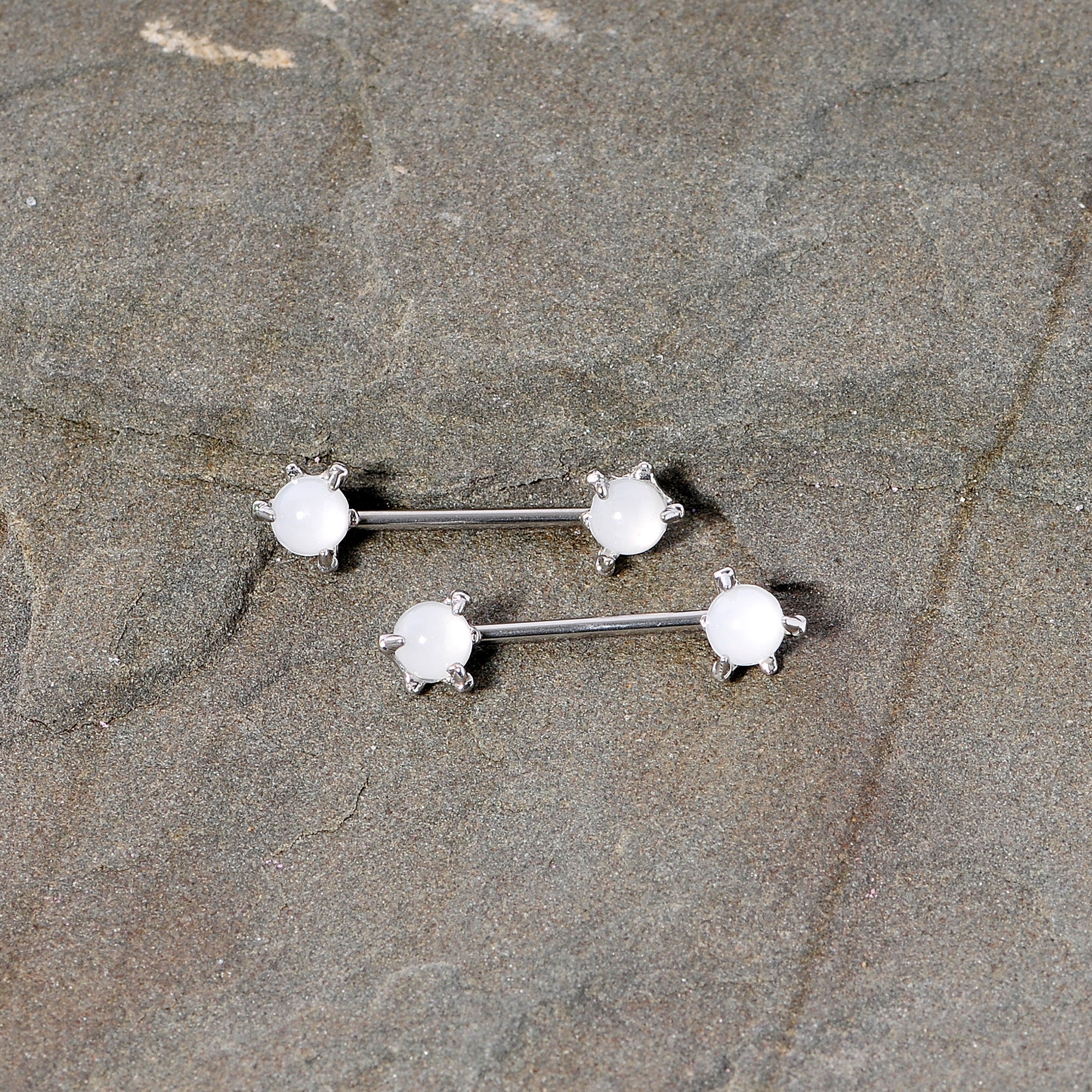 14G 5/8 White Faux Opal Dragon Claw Barbell Nipple Ring Set