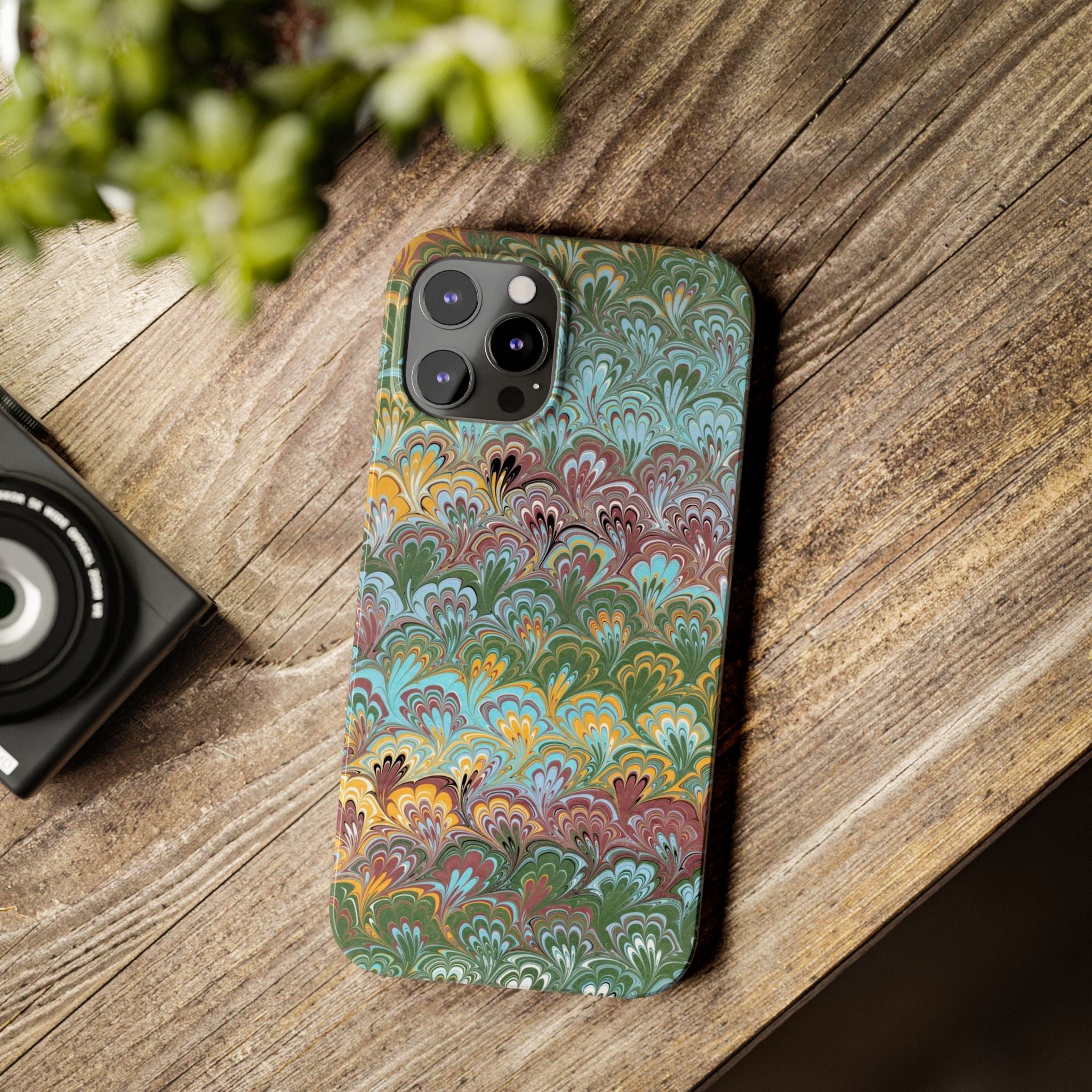 Phone Case with Design from Italy - Marbled "Peacock" Design, Green, Blue, Multi-Color Slim Phone Cases