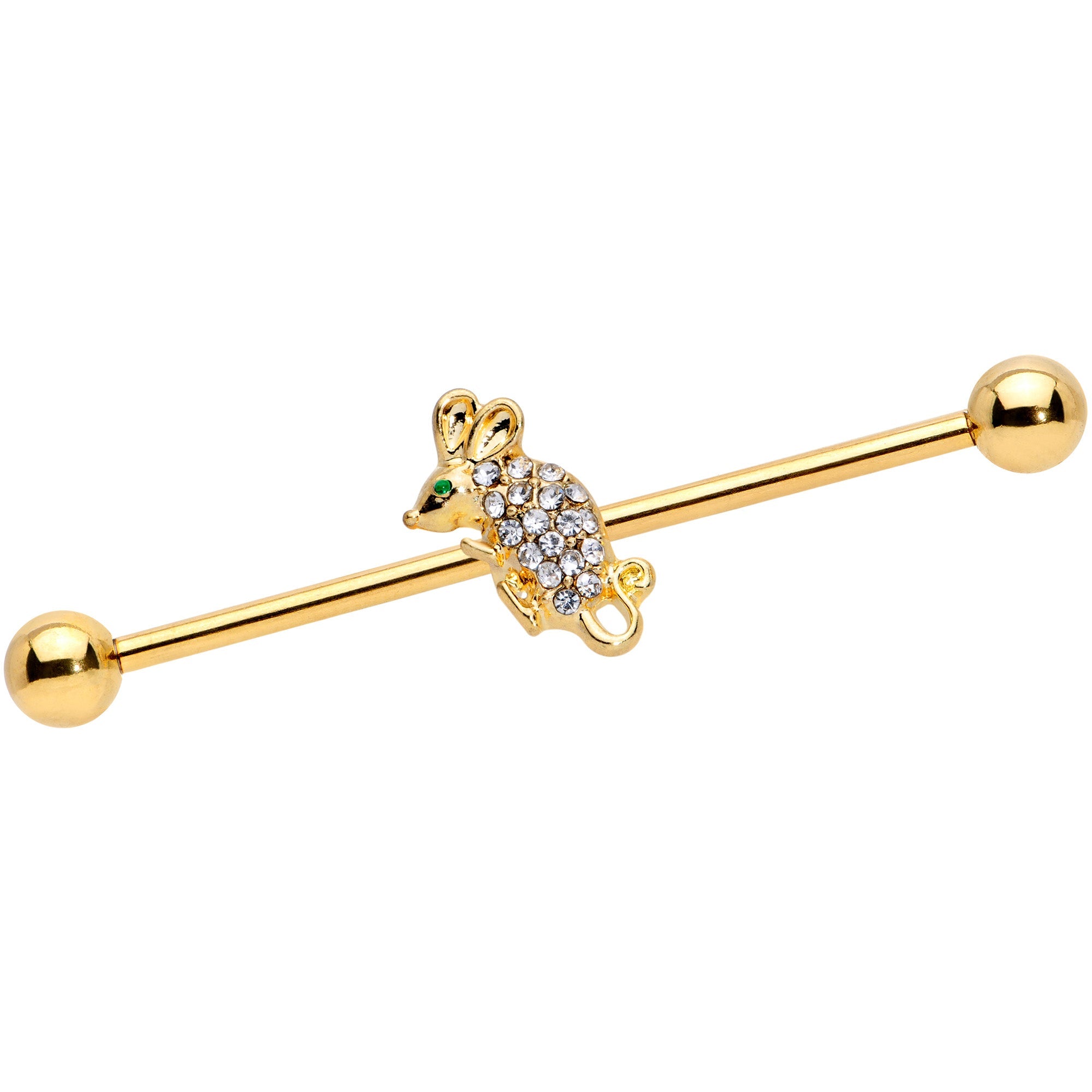 14G Clear Aqua Gem Gold Tone Mouse Industrial Barbell 38mm