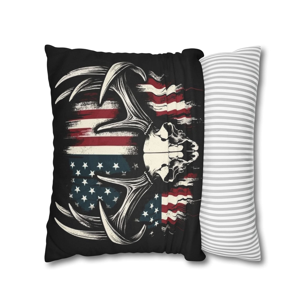 Deer Skull American Flag Throw Pillowcase — Patriotic Hunting Decor