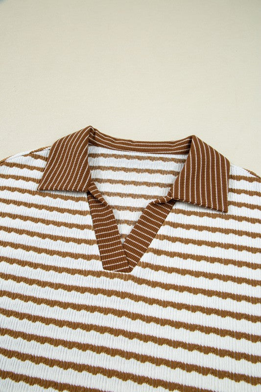 Stripe Collared Top and Drawstring Pants Set