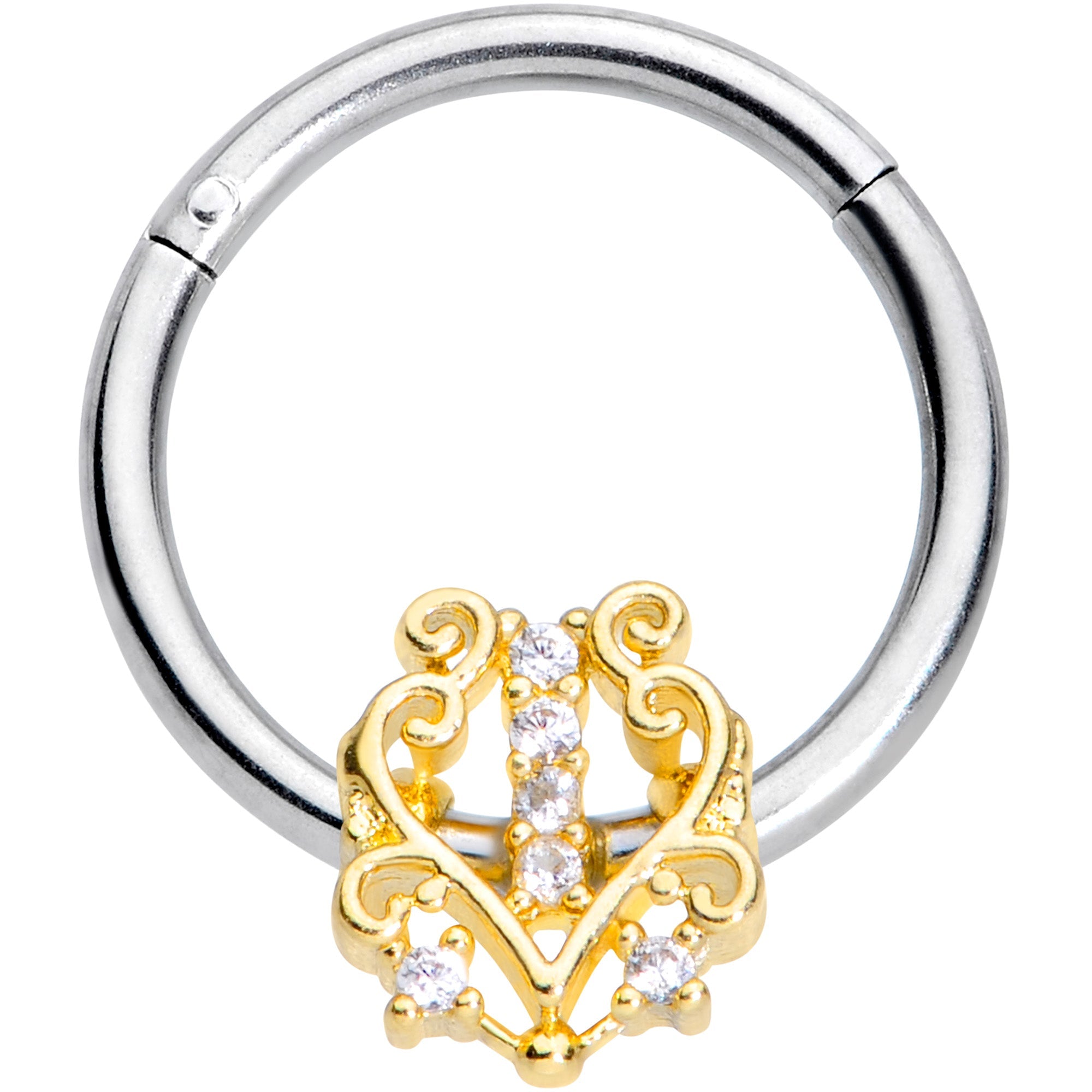 16G 3/8 Clear CZ Gem Fancy Heart Hinged Segment Ring