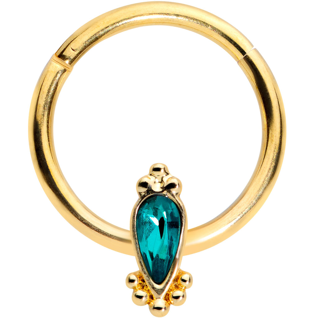 16G 3/8 Green Gem Gold Tone Teardrop Hinged Segment Ring