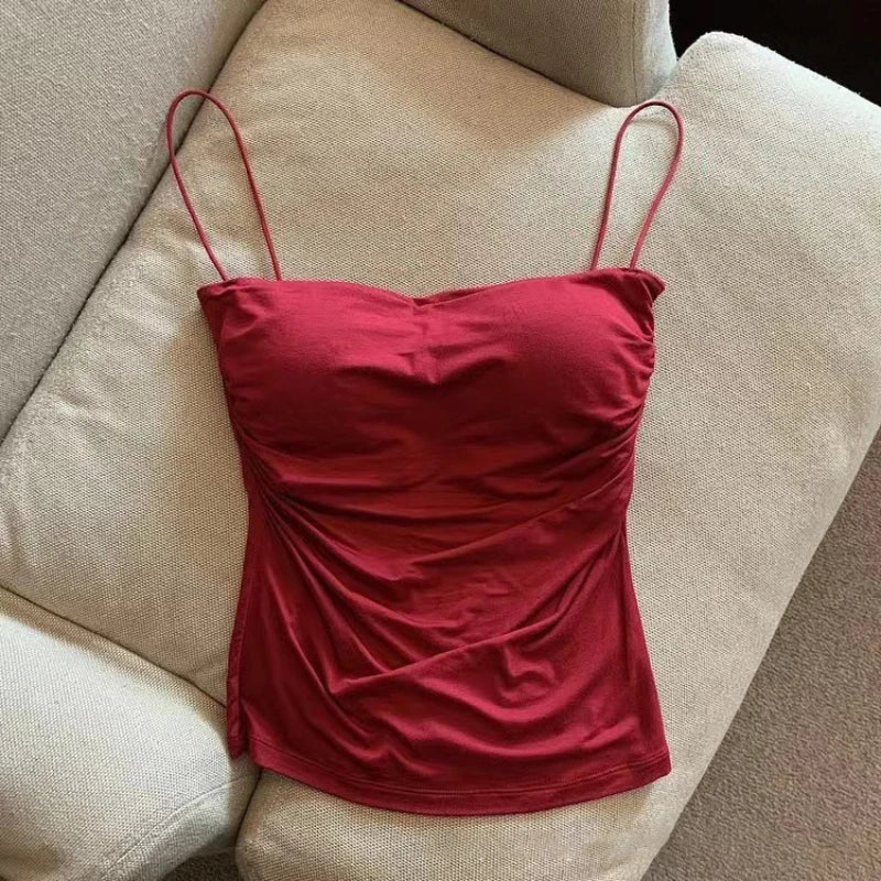 4 pc Women's Sleeveless Pleated Slim Fit Short Top With Thin Shoulder Straps Solid Color