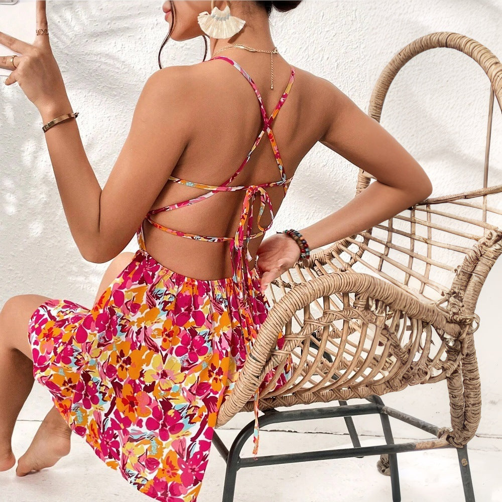 Women's holiday style dress spring and summer new floral short skirt
