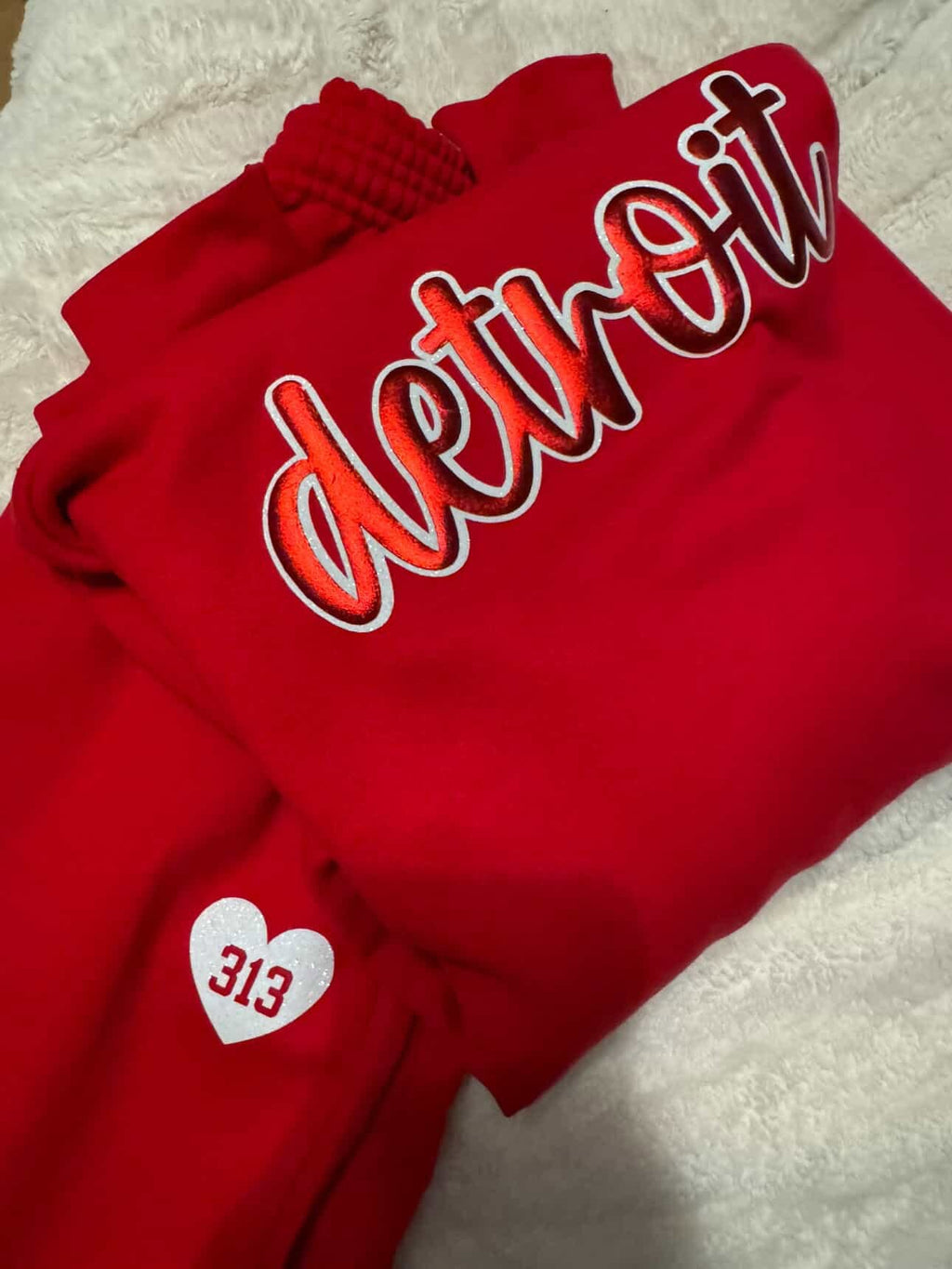 Red Detroit Script Sparkle + Puff Sweatsuit