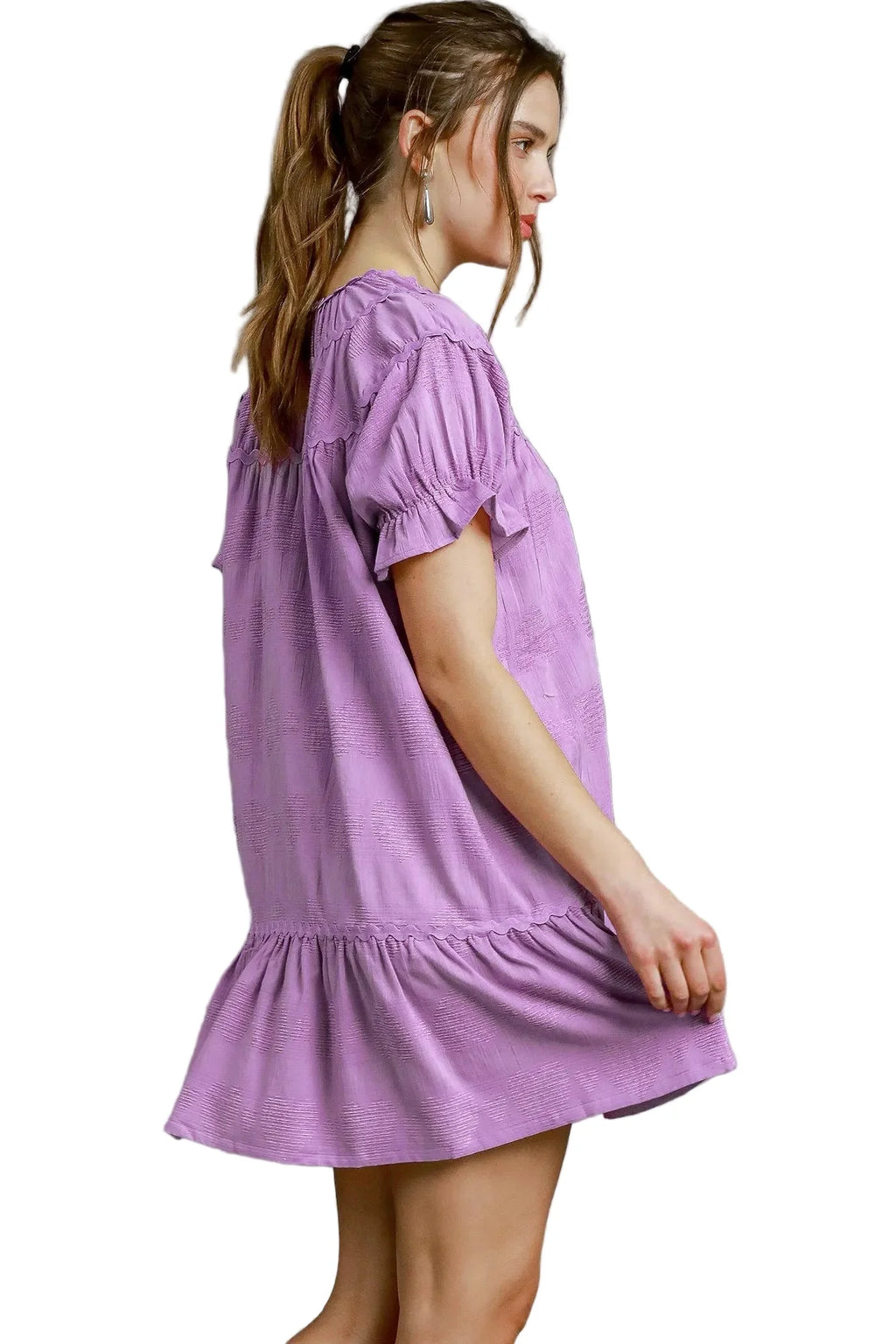 Garden Naked Womens Casual Mini Dress Sweet Ruffle Trim Puff Sleeve Babydoll Flared Lavender Purple Summer Daily Wear