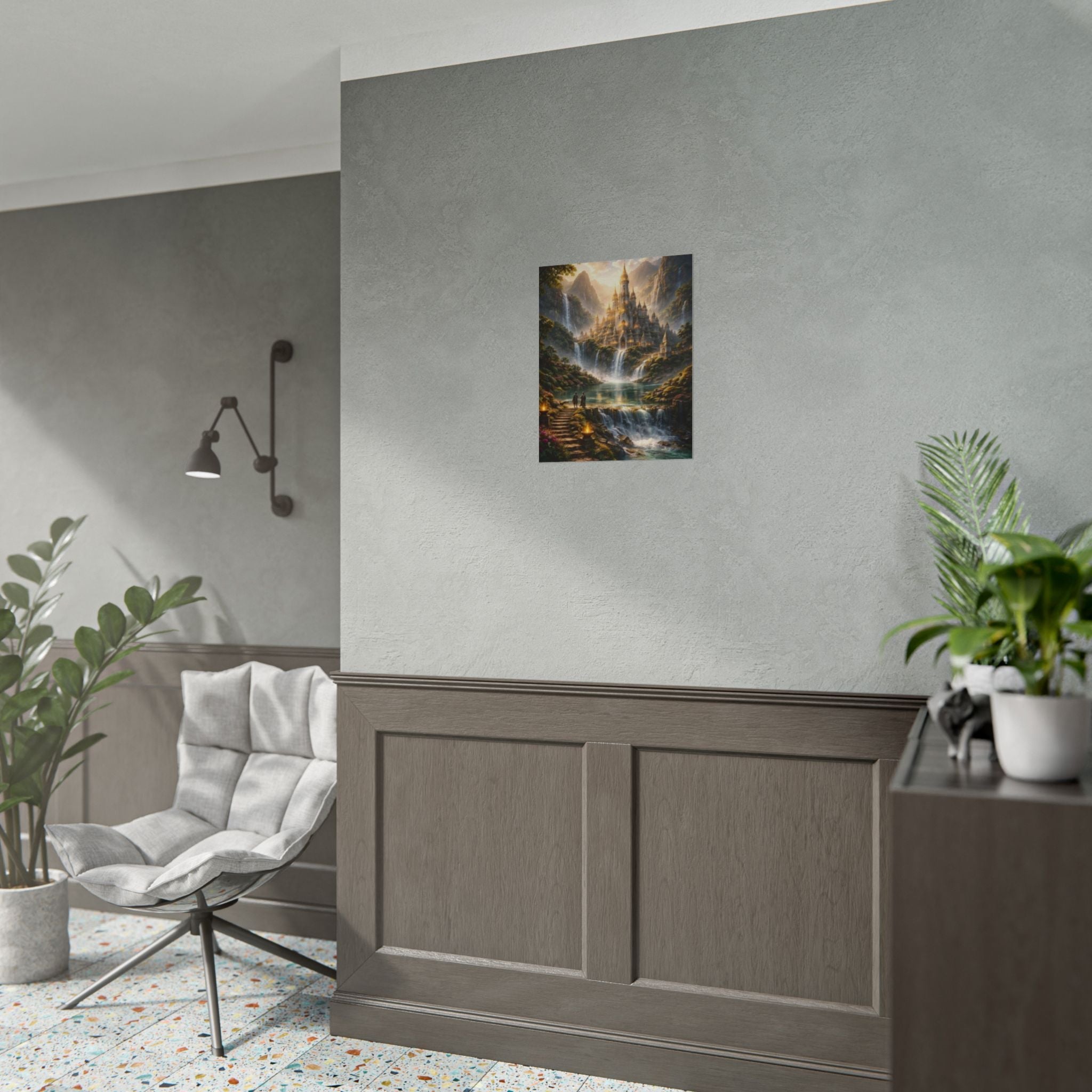 Fantasy Castle Rolled Poster — Enchanted Waterfall Landscape Wall Art