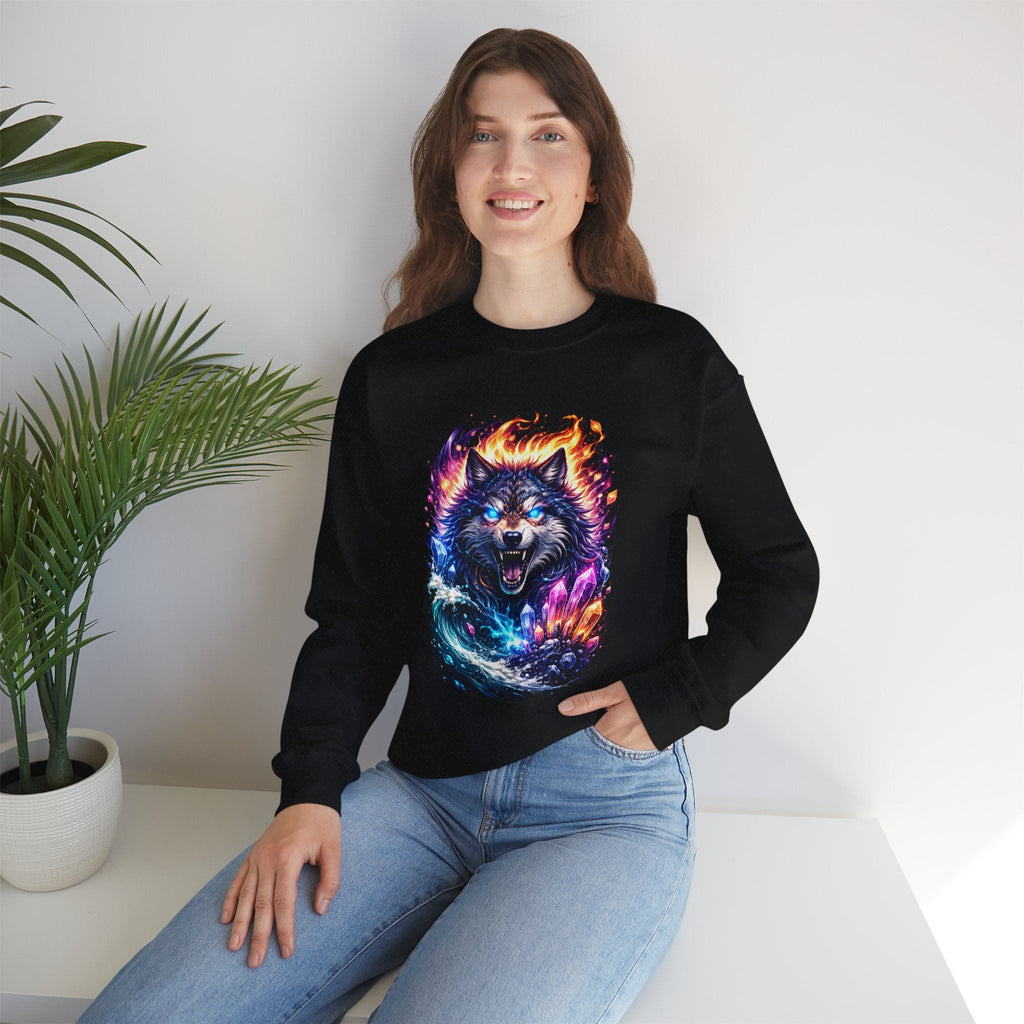 Cosmic Wolf Crewneck Sweatshirt — Neon Fire & Ice Wolf Graphic