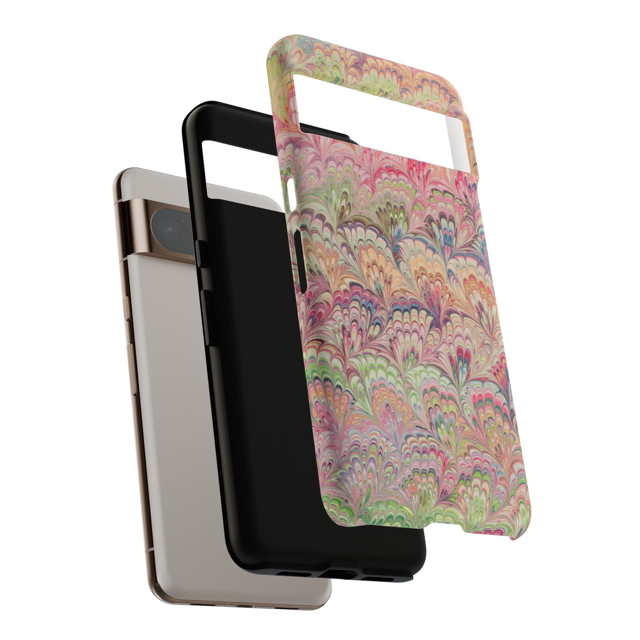 Pastel Pink + Green Feather Marbled Phone Case - Dual Layer Phone Cover