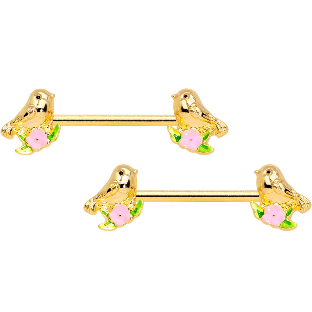14G 9/16 Gold Tone Bird Pink Flower Barbell Nipple Ring Set