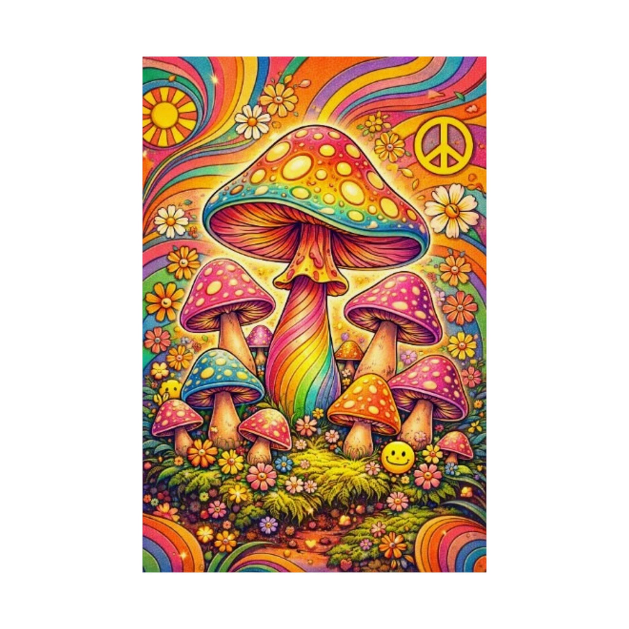Psychedelic Mushroom Art Poster — Retro Rainbow Peace Wall Print