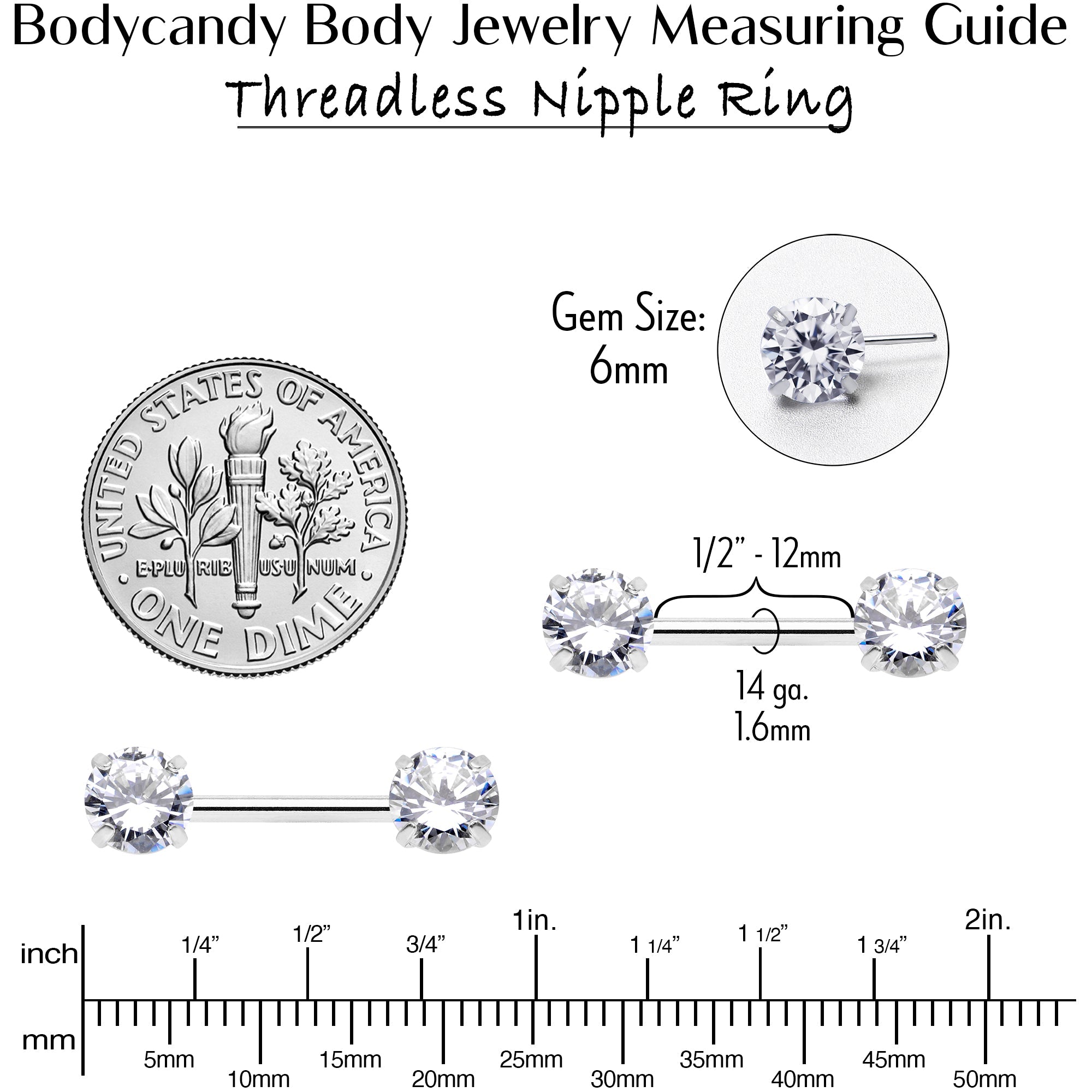 14G 1/2 Clear CZ Gem Threadless Barbell Nipple Ring Set