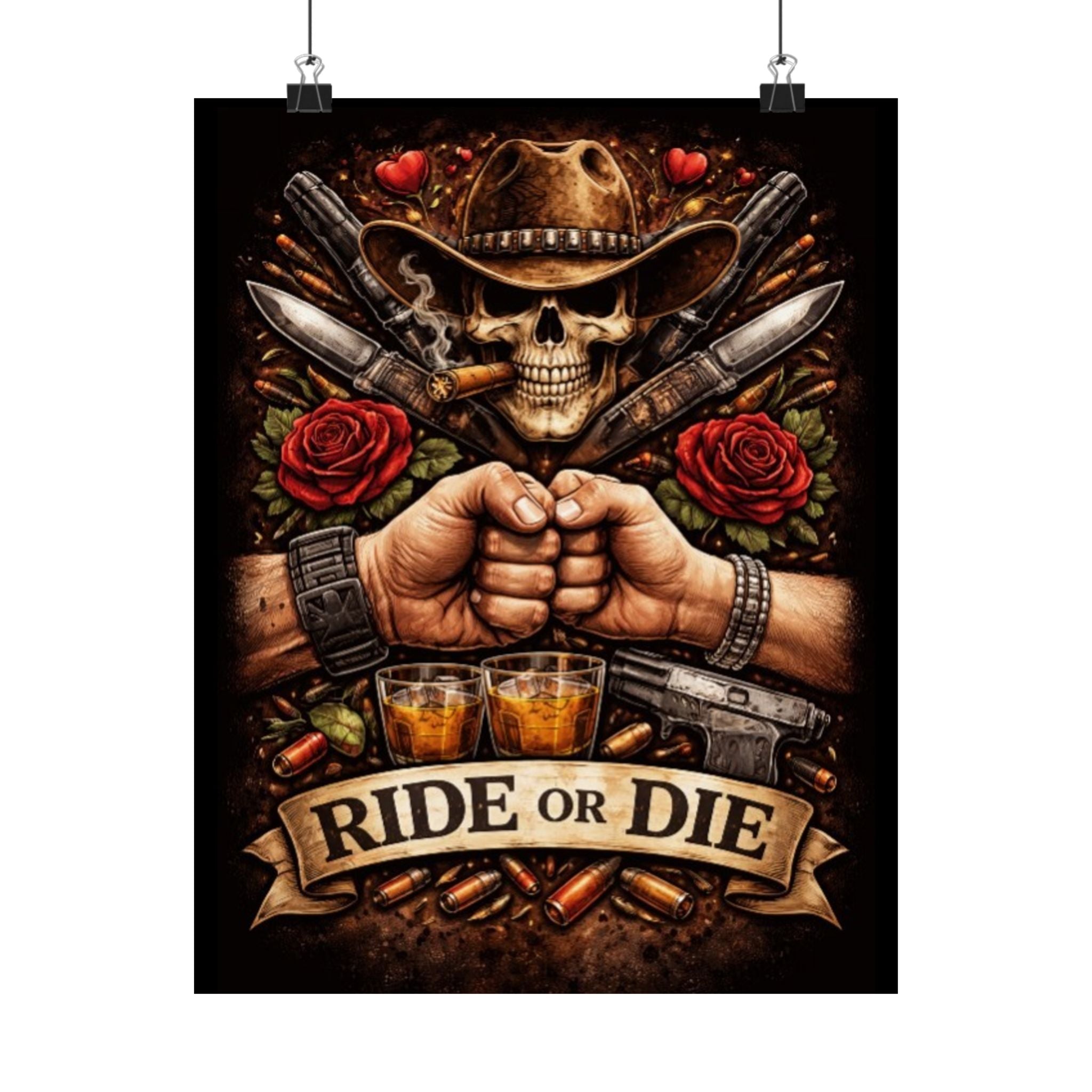 Ride or Die Skull Poster — Cowboy Skull, Fist Bump Motorcycle Bar Art