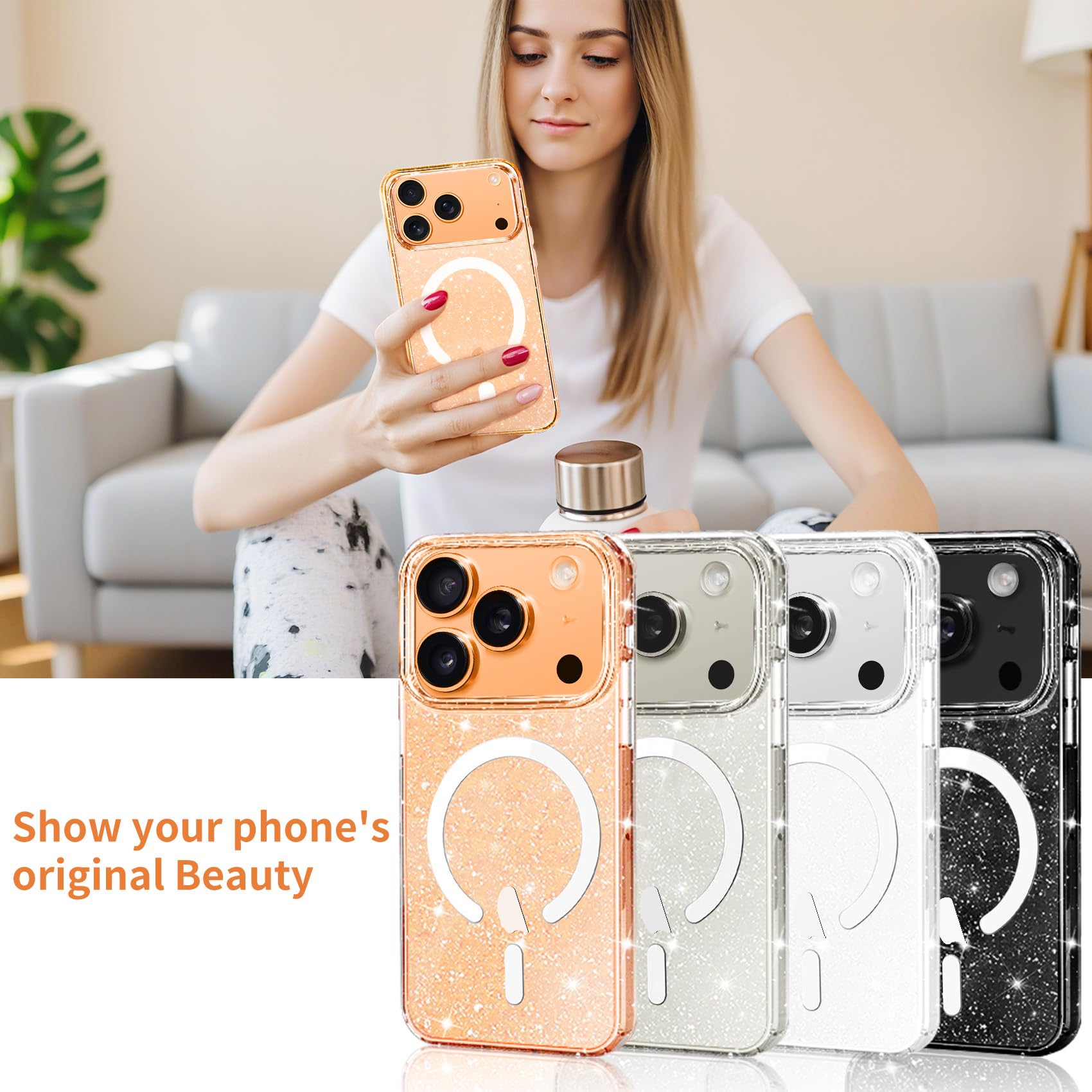 Glitter Magnetic Case for iPhone 17 Pro – Slim Shockproof Clear Back Cover, MagSafe & Wireless Charging Compatible, Anti-Scratch Protective Phone Case for Women