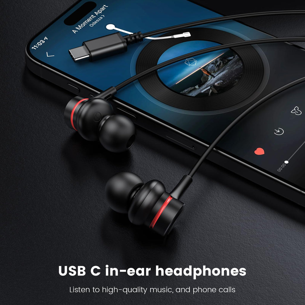 USB-C Earphones HiFi Stereo — Wired In-Ear Type C Headphones with Mic & Volume Control for iPhone 17/16/15, Samsung Galaxy S24/S23, Pixel 8/7