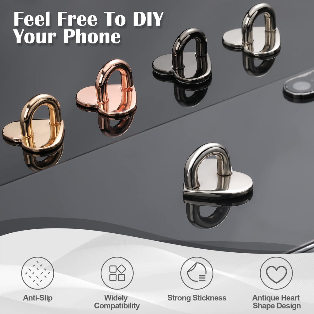 Metal Phone Finger Ring Grips 8 Pack — Adhesive Heart Hook Loop Stand for DIY Hanging, Gold Silver Rose Gold Black