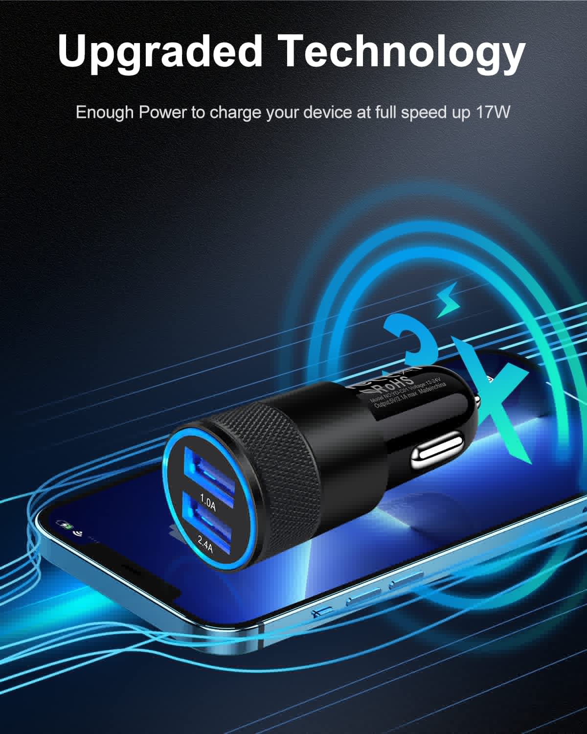 Dual Port USB Car Charger 2 Pack — 3.4A Fast Charge for iPhone 17/16/15/14, Samsung Galaxy S25/S23 & iPad