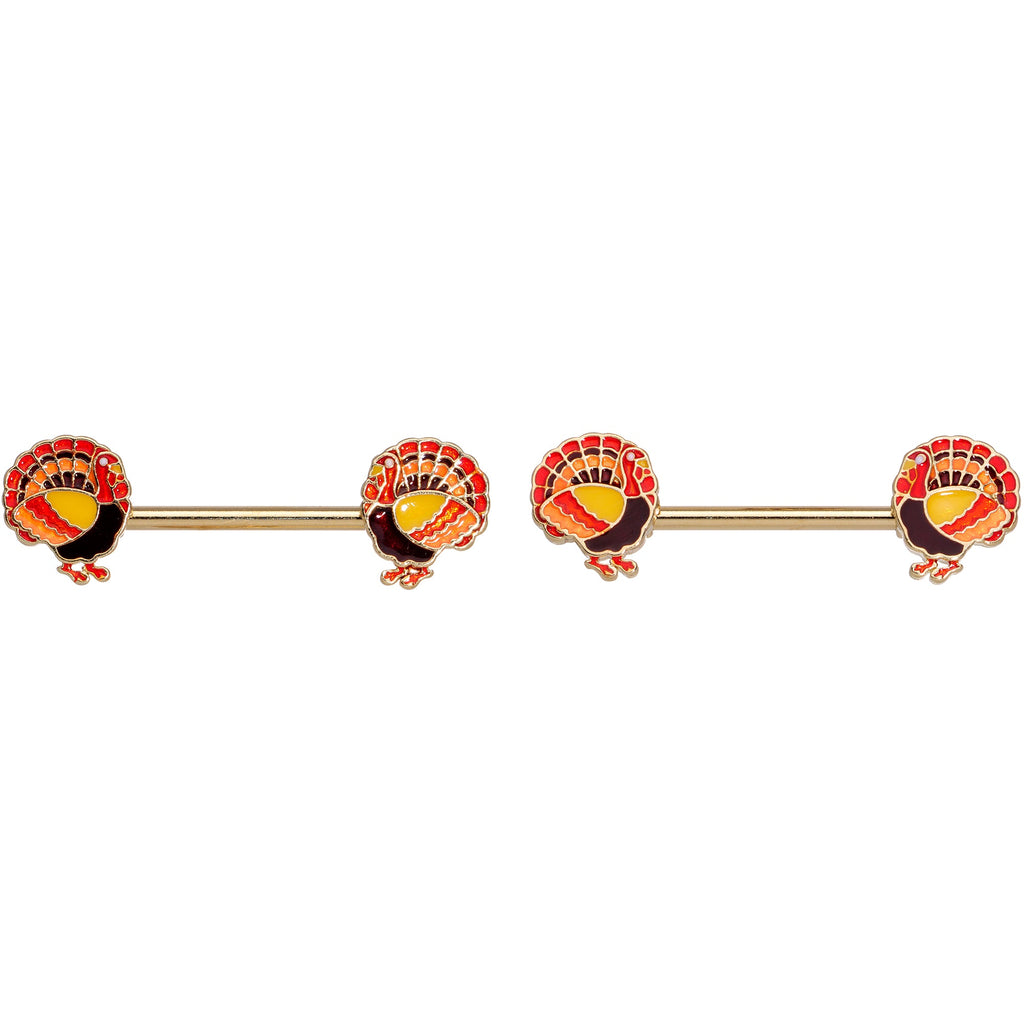 14G 9/16 Gold Tone Turkey Thanksgiving Barbell Nipple Rings