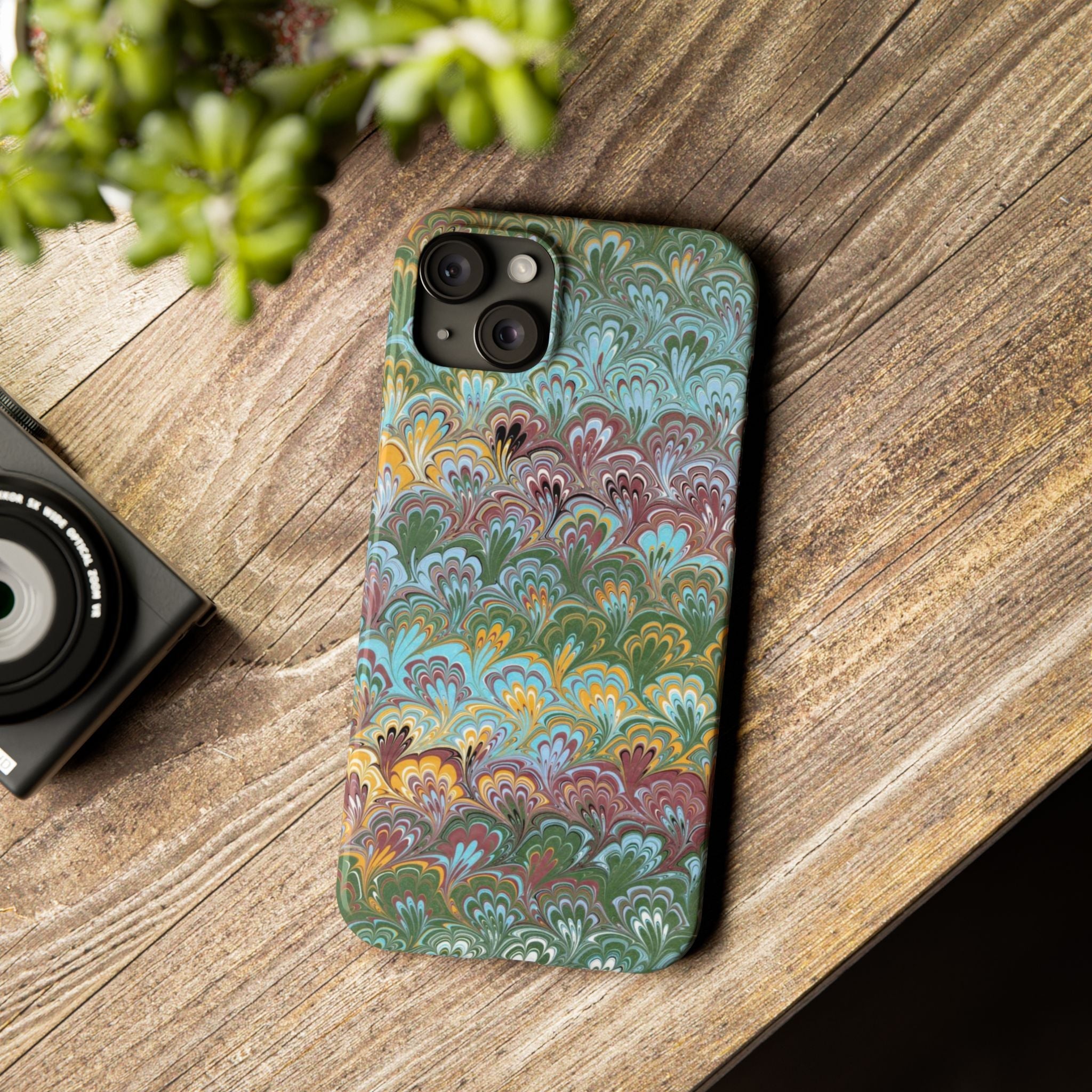 Phone Case with Design from Italy - Marbled "Peacock" Design, Green, Blue, Multi-Color Slim Phone Cases