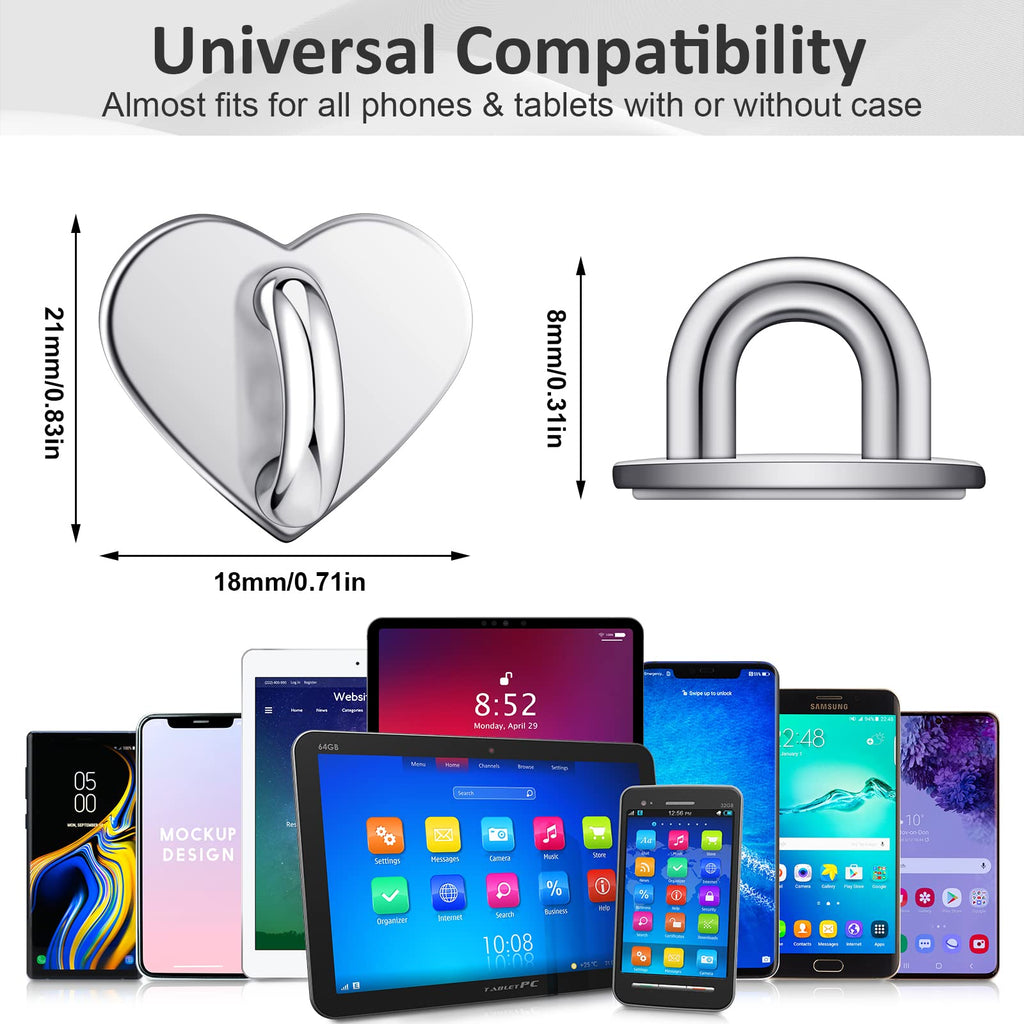 Metal Phone Finger Ring Grips 8 Pack — Adhesive Heart Hook Loop Stand for DIY Hanging, Gold Silver Rose Gold Black