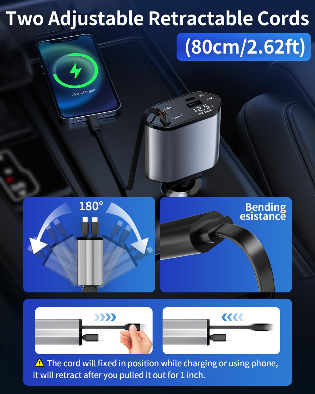 4-in-1 Retractable Car Charger — Fast Charging USB-C & USB-A for iPhone 16/15/14, Samsung Galaxy & Pixel
