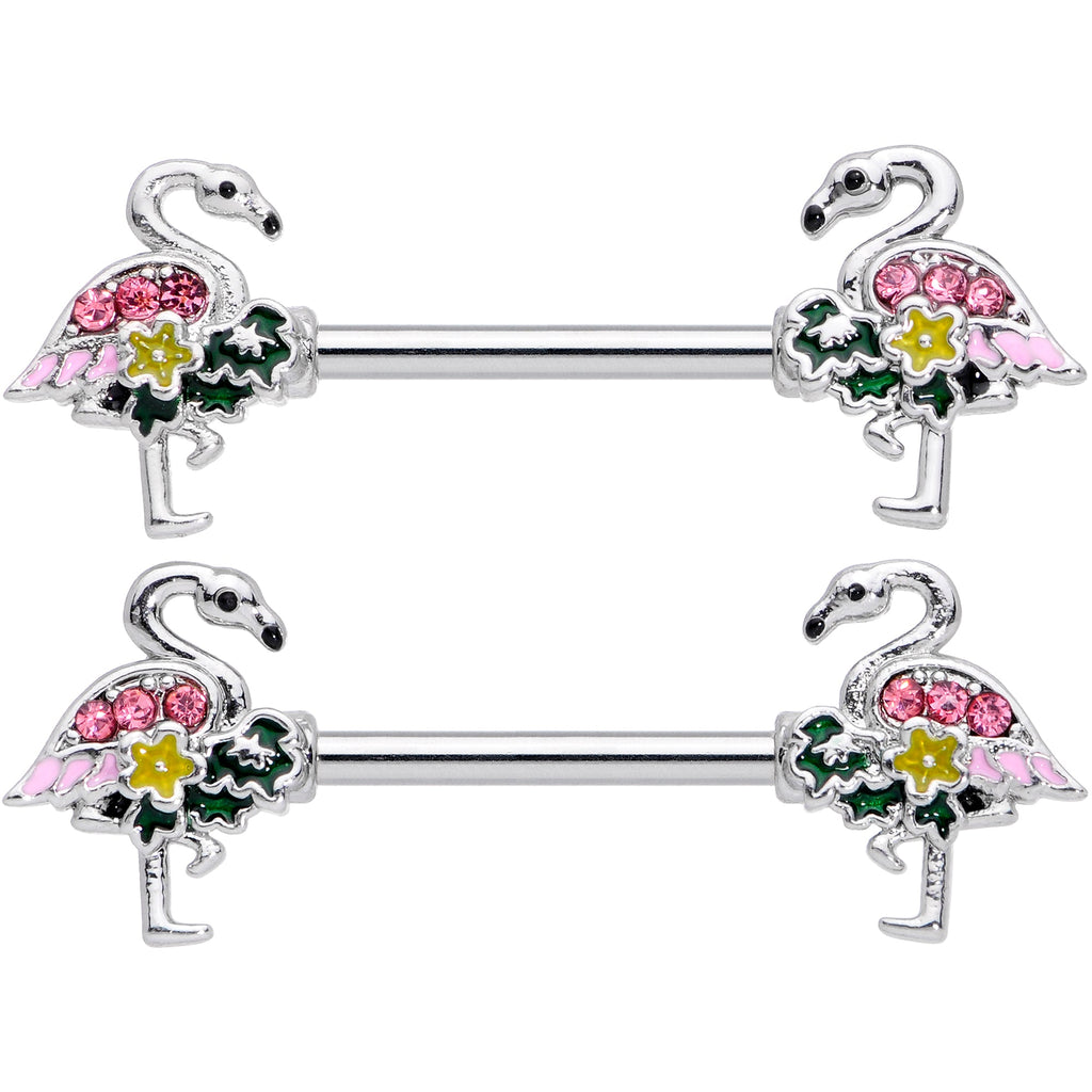 14G 9/16 Pink Gem Funky Flamingo Barbell Nipple Ring Set